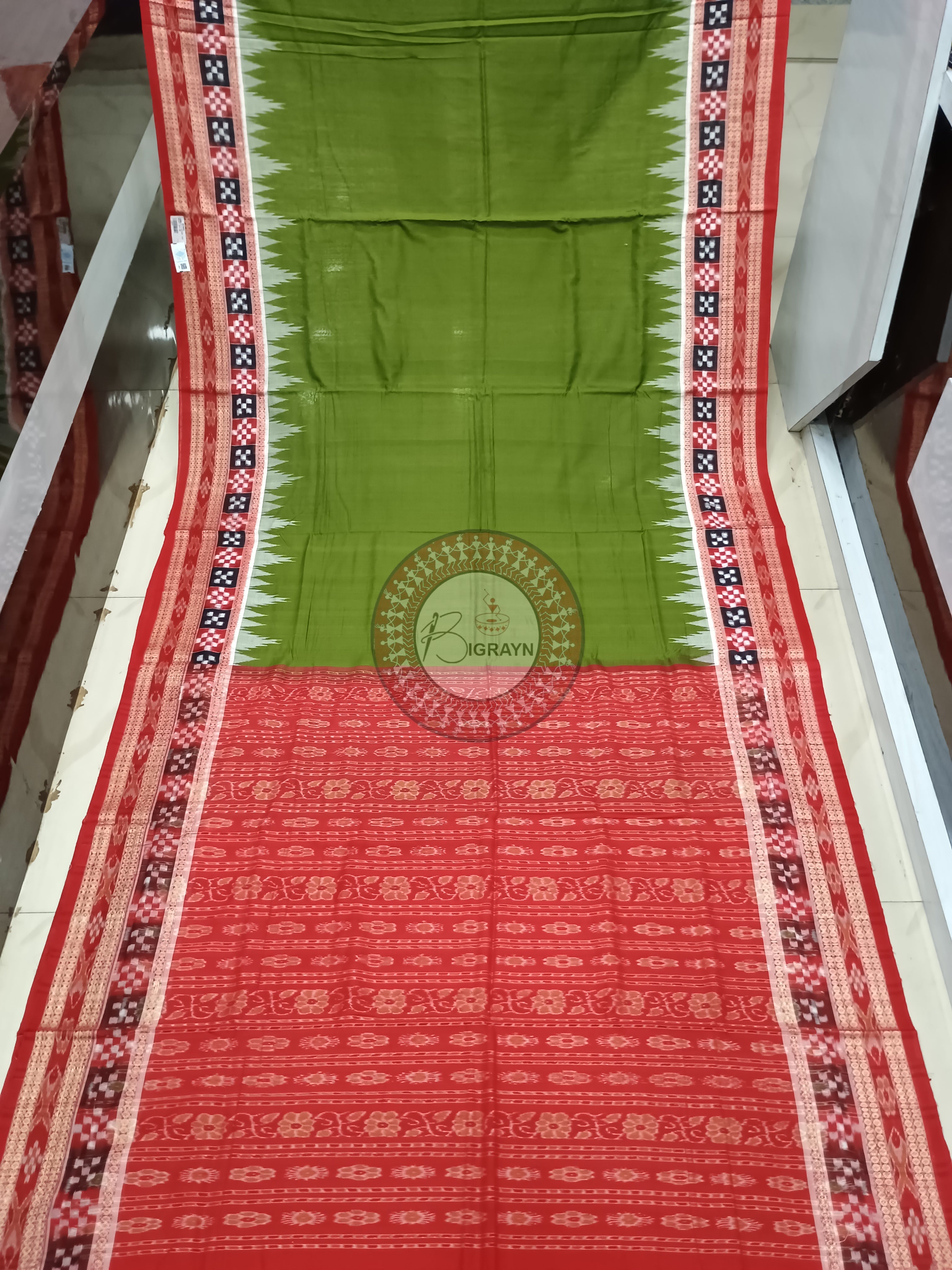 Mehendi Red Pasapali Border Handloom Sambalpuri Cotton Saree