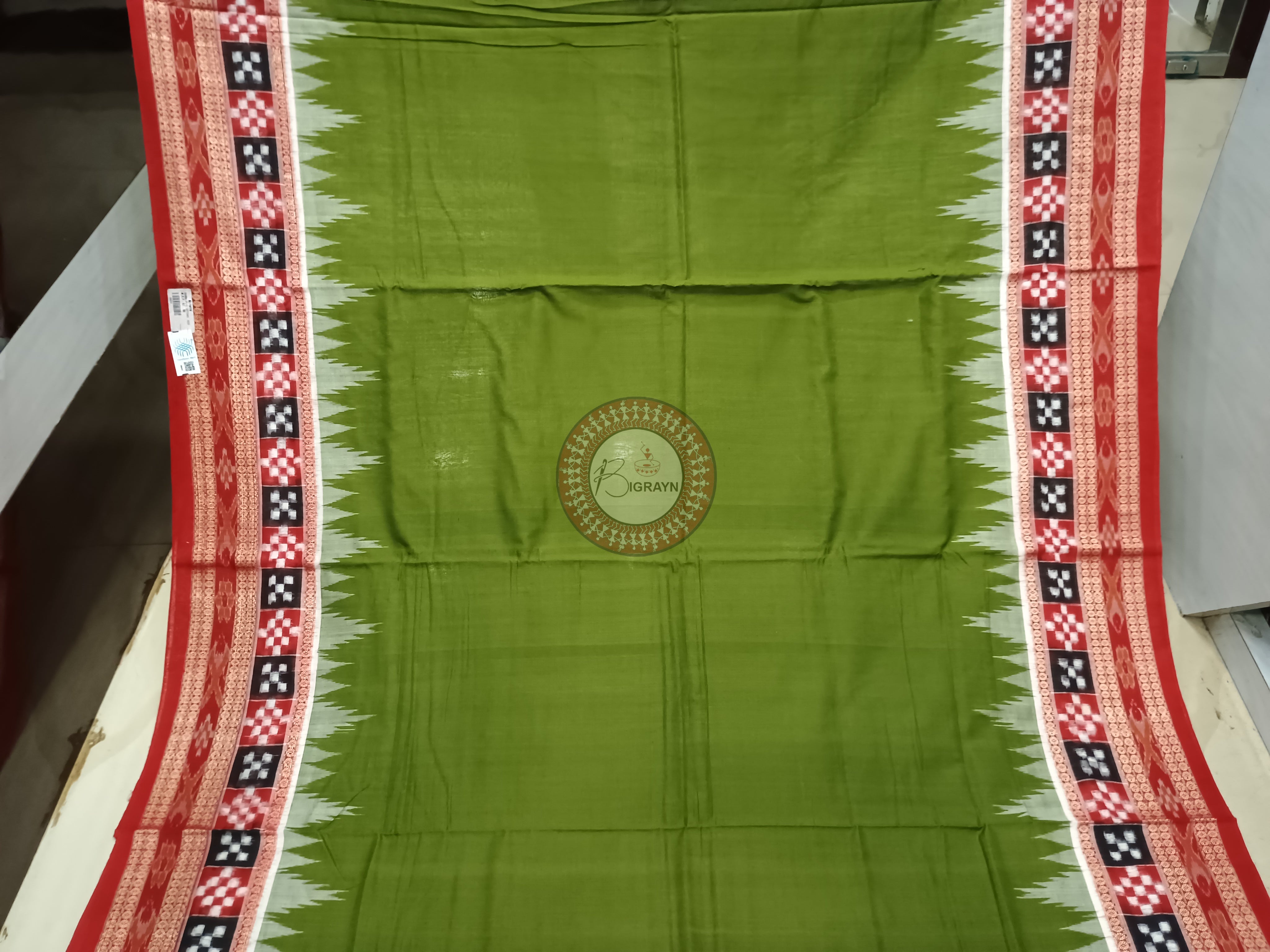 Mehendi Red Pasapali Border Handloom Sambalpuri Cotton Saree