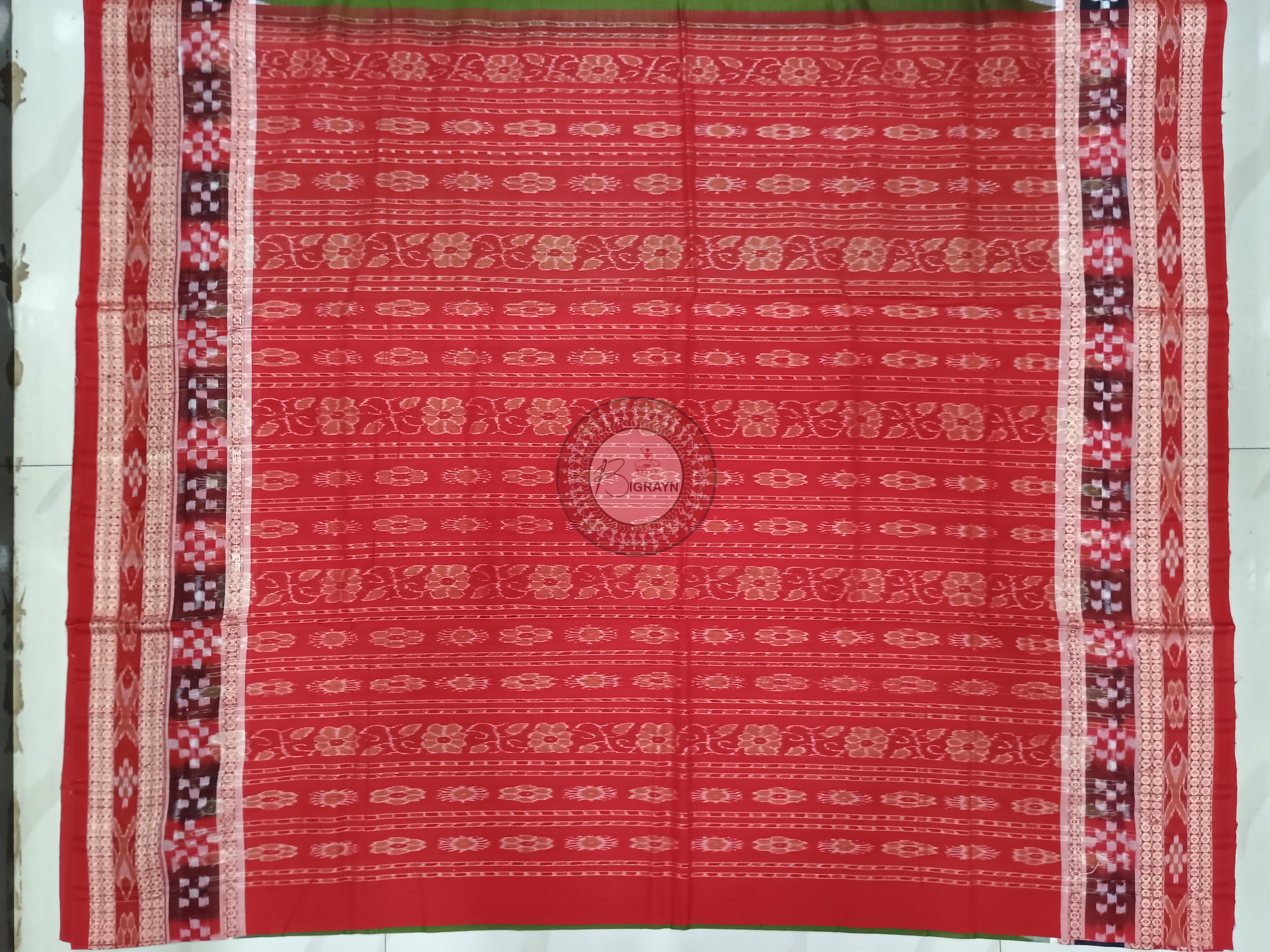 Mehendi Red Pasapali Border Handloom Sambalpuri Cotton Saree