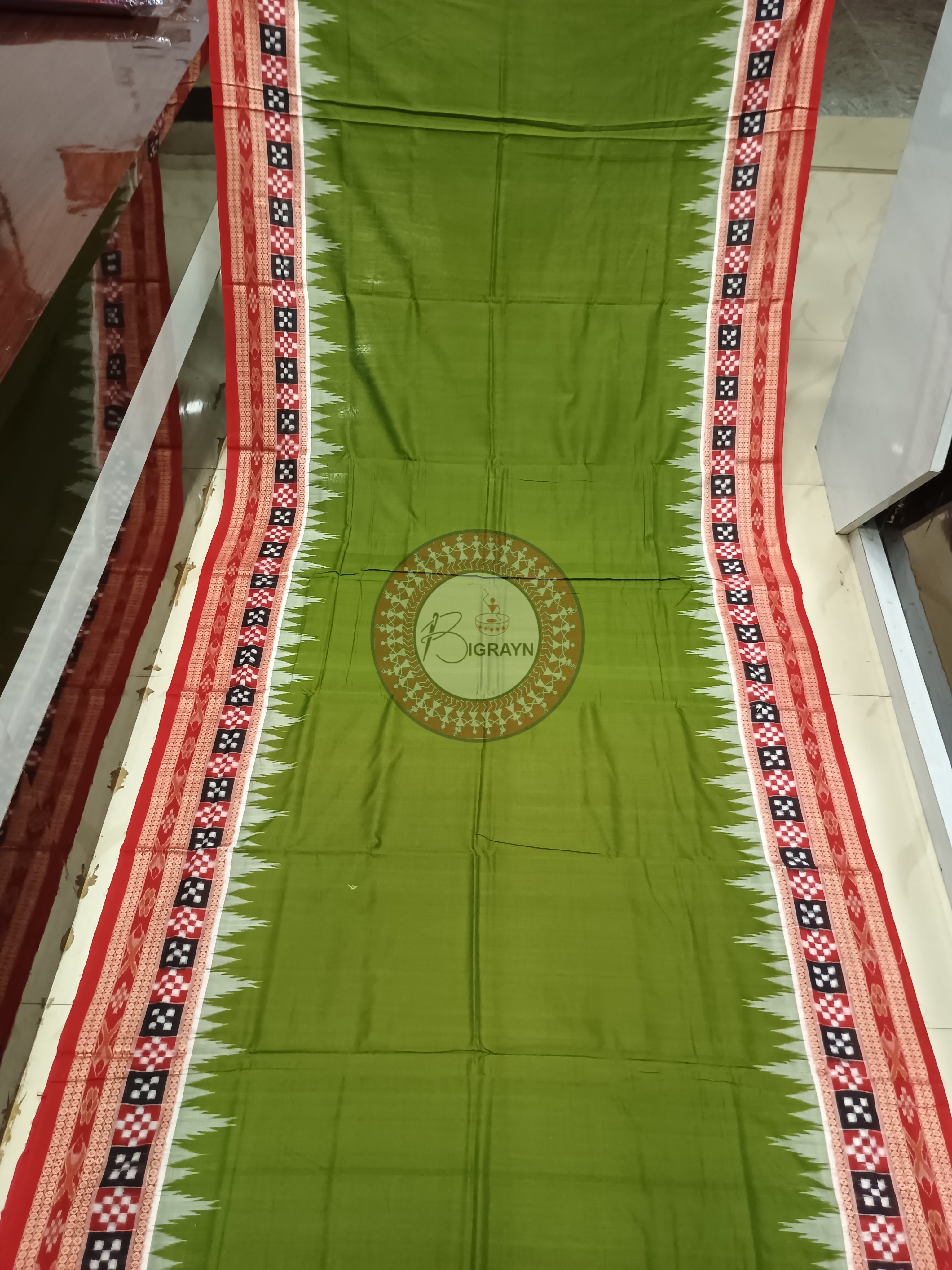 Mehendi Red Pasapali Border Handloom Sambalpuri Cotton Saree
