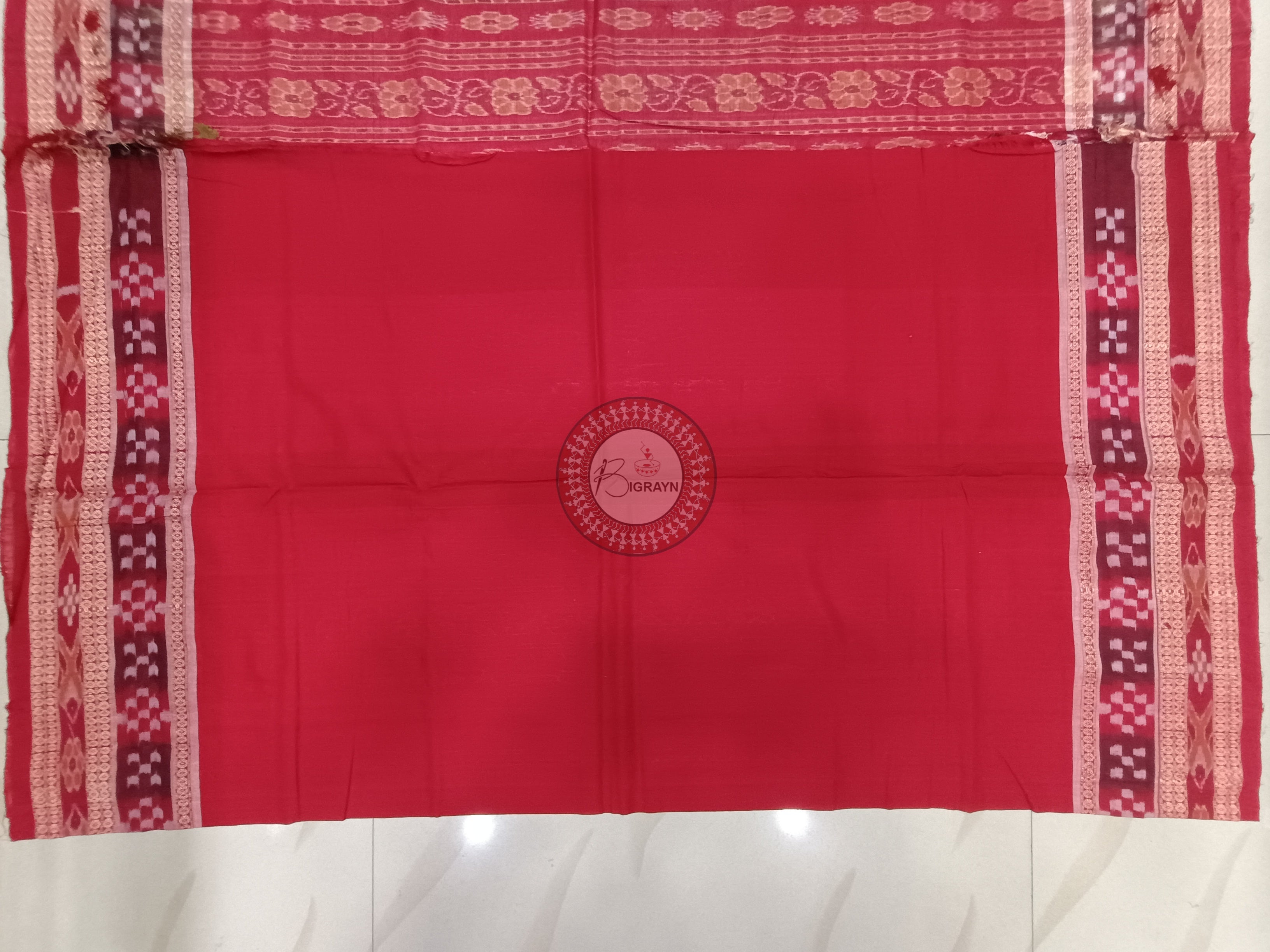 Mehendi Red Pasapali Border Handloom Sambalpuri Cotton Saree