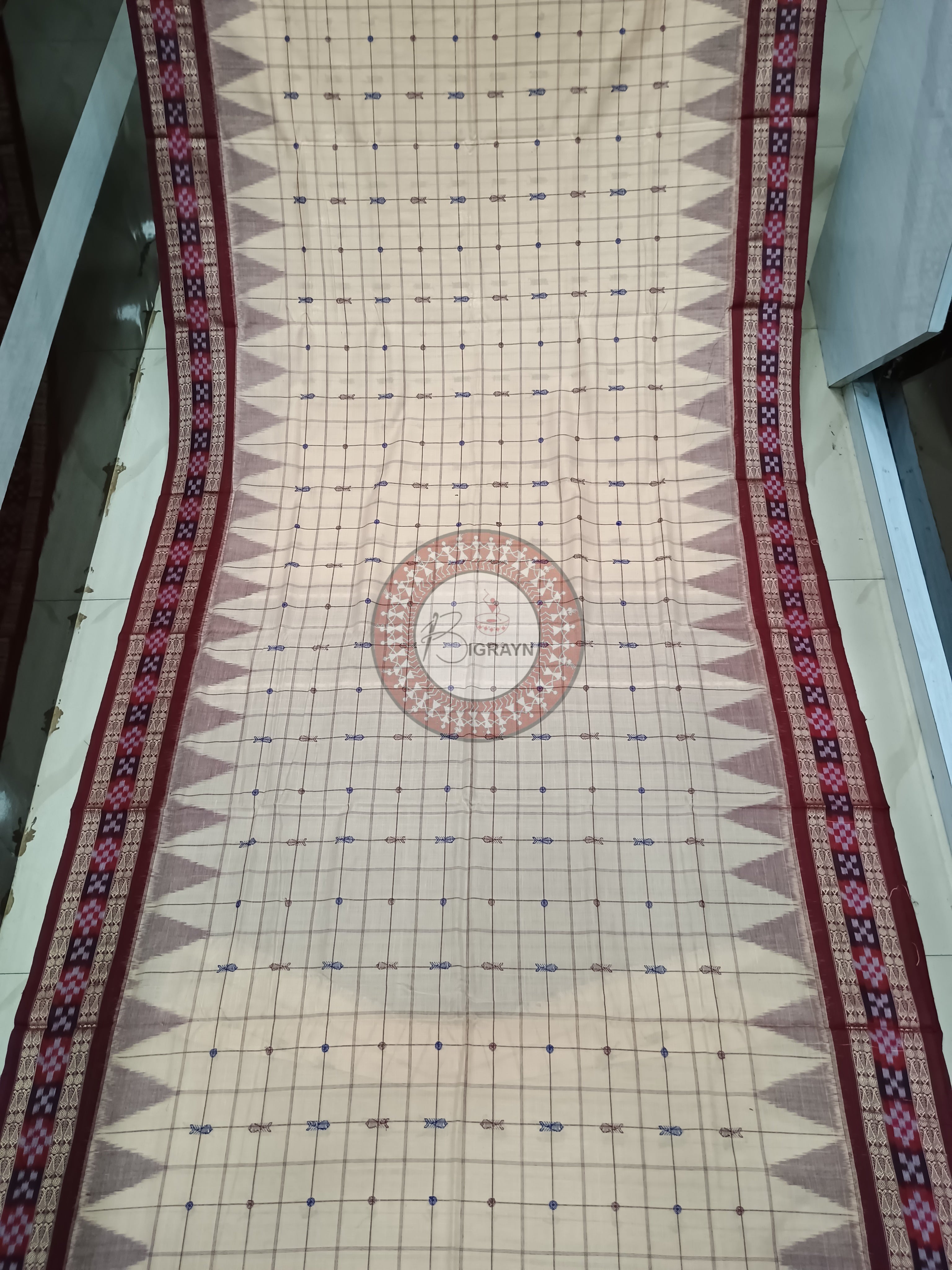White Maroon Hazarbuti Handloom Bomkai Cotton Saree