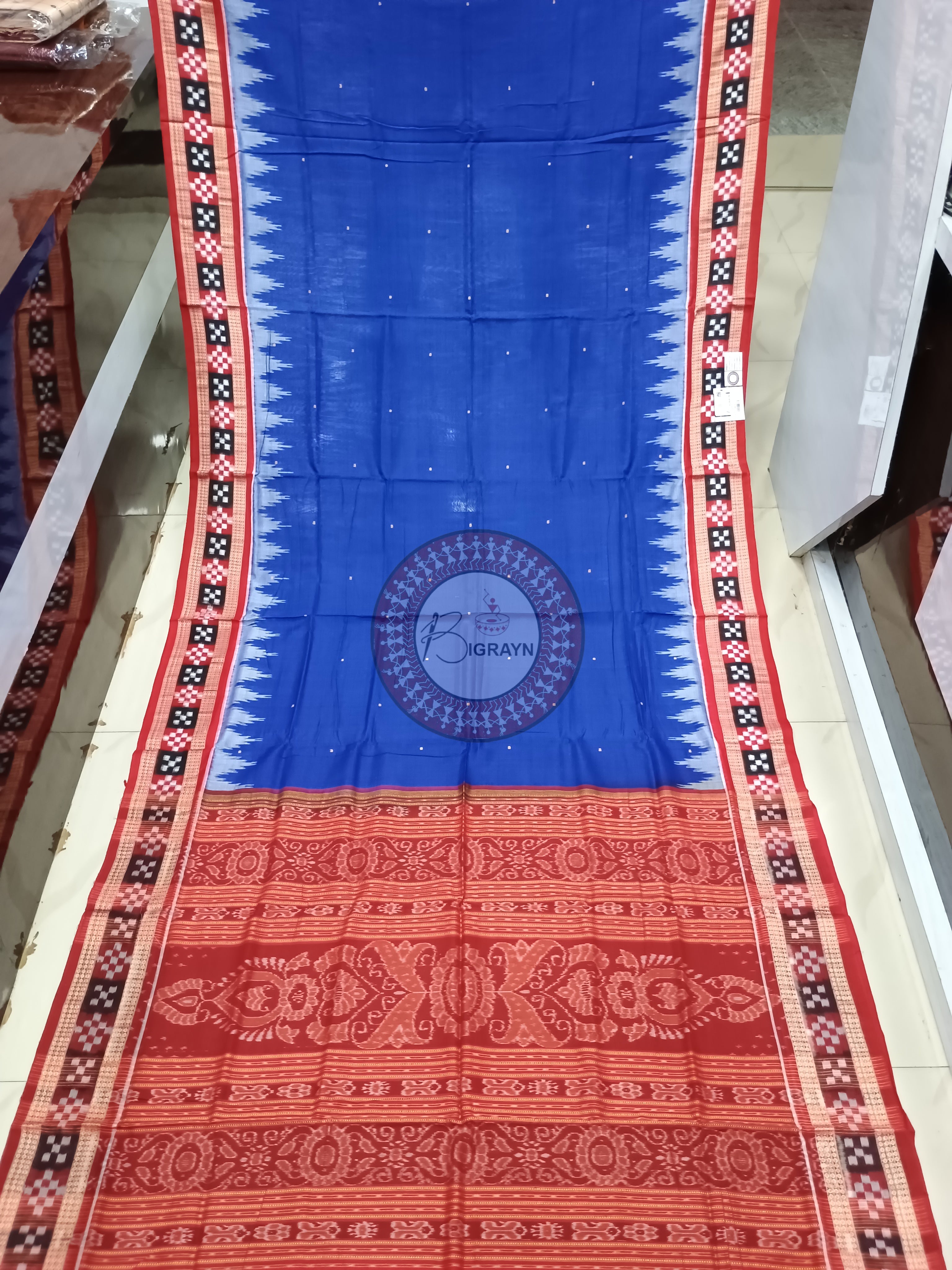 Blue Maroon Buti Pasapali Border Handloom Sambalpuri Cotton Saree