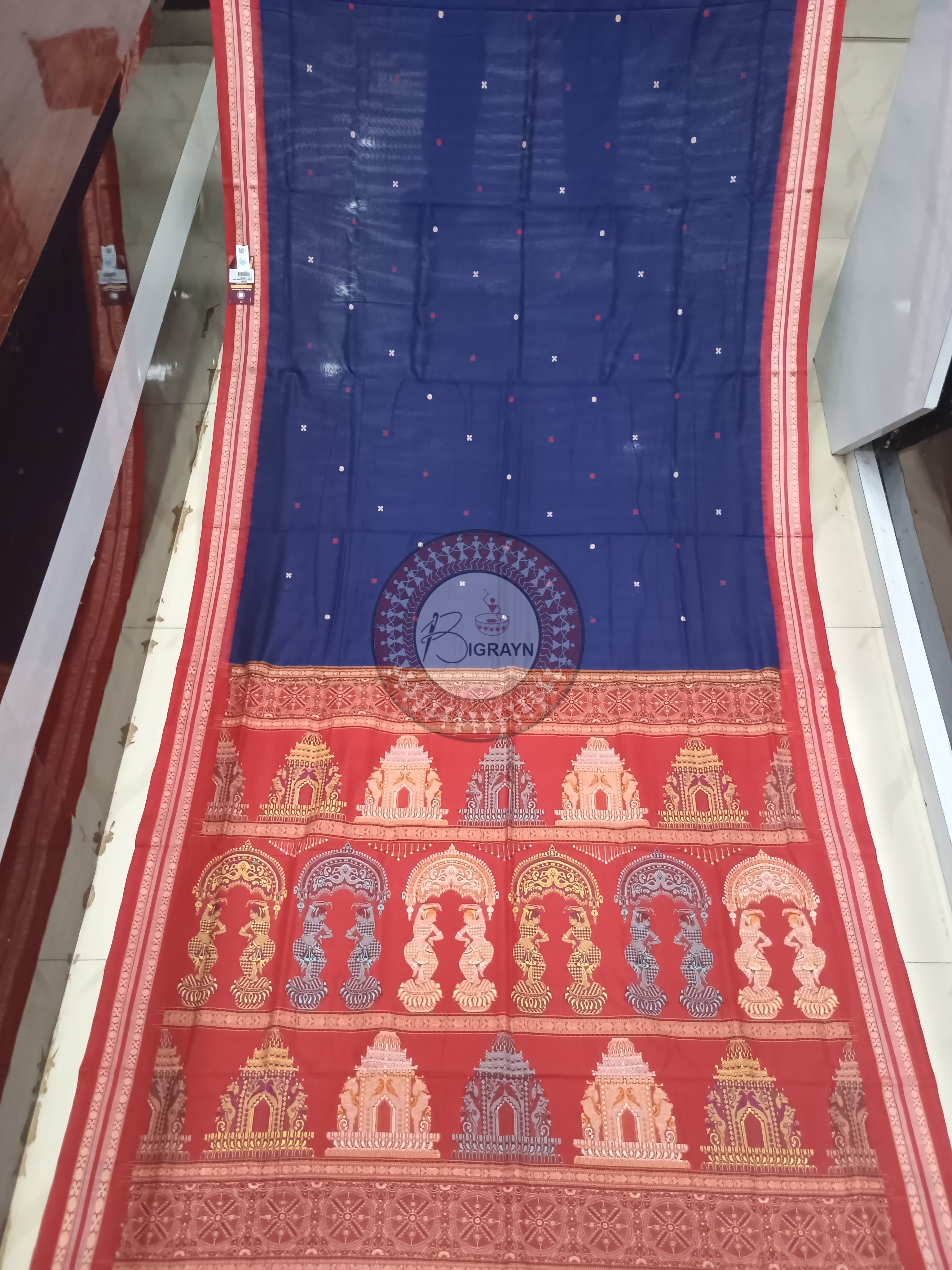 Navy Blue Maroon Bomkai konark Jaala Cotton Saree