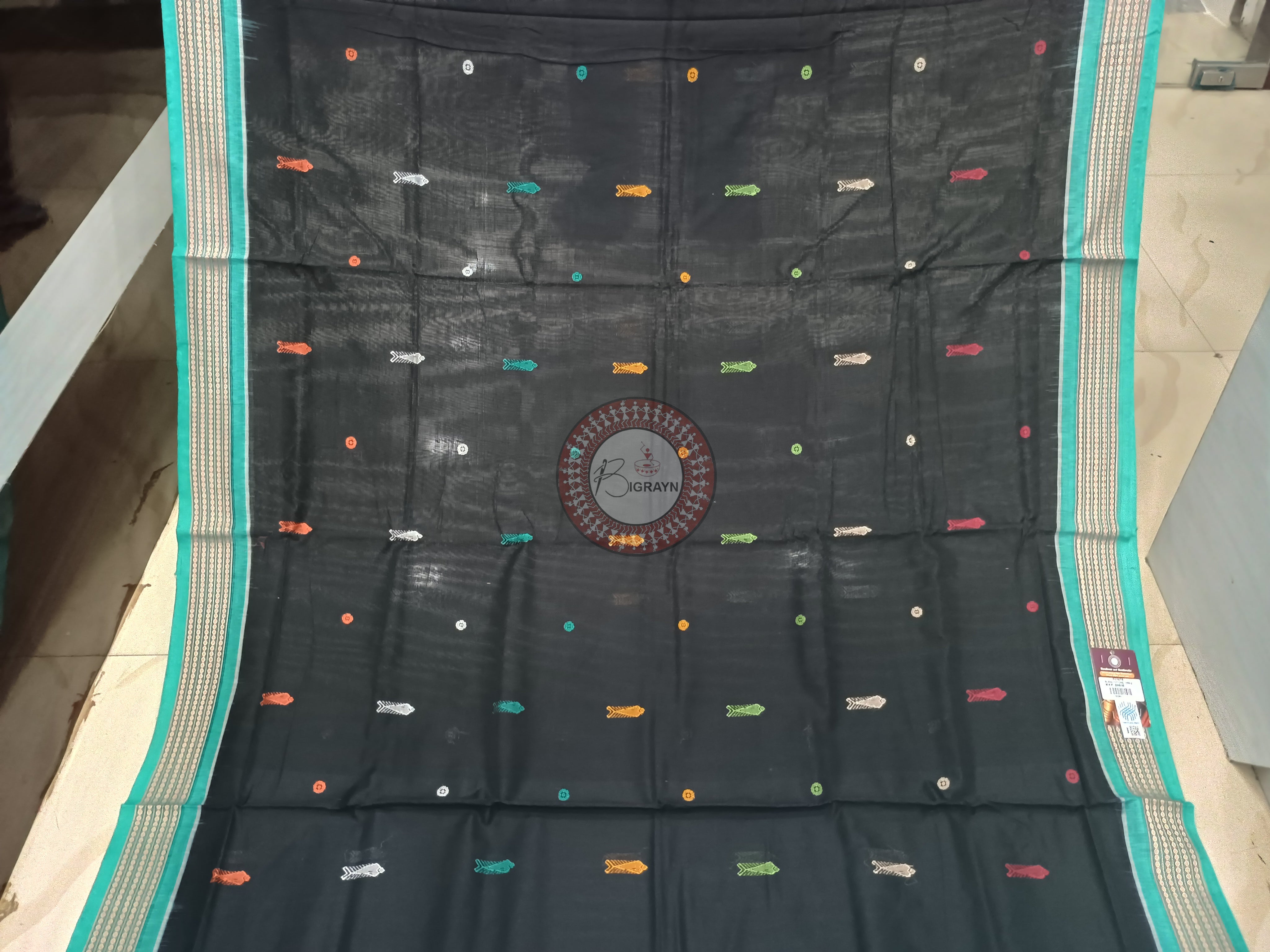 Black Sky Fish Buti Handloom Bomkai Cotton Saree