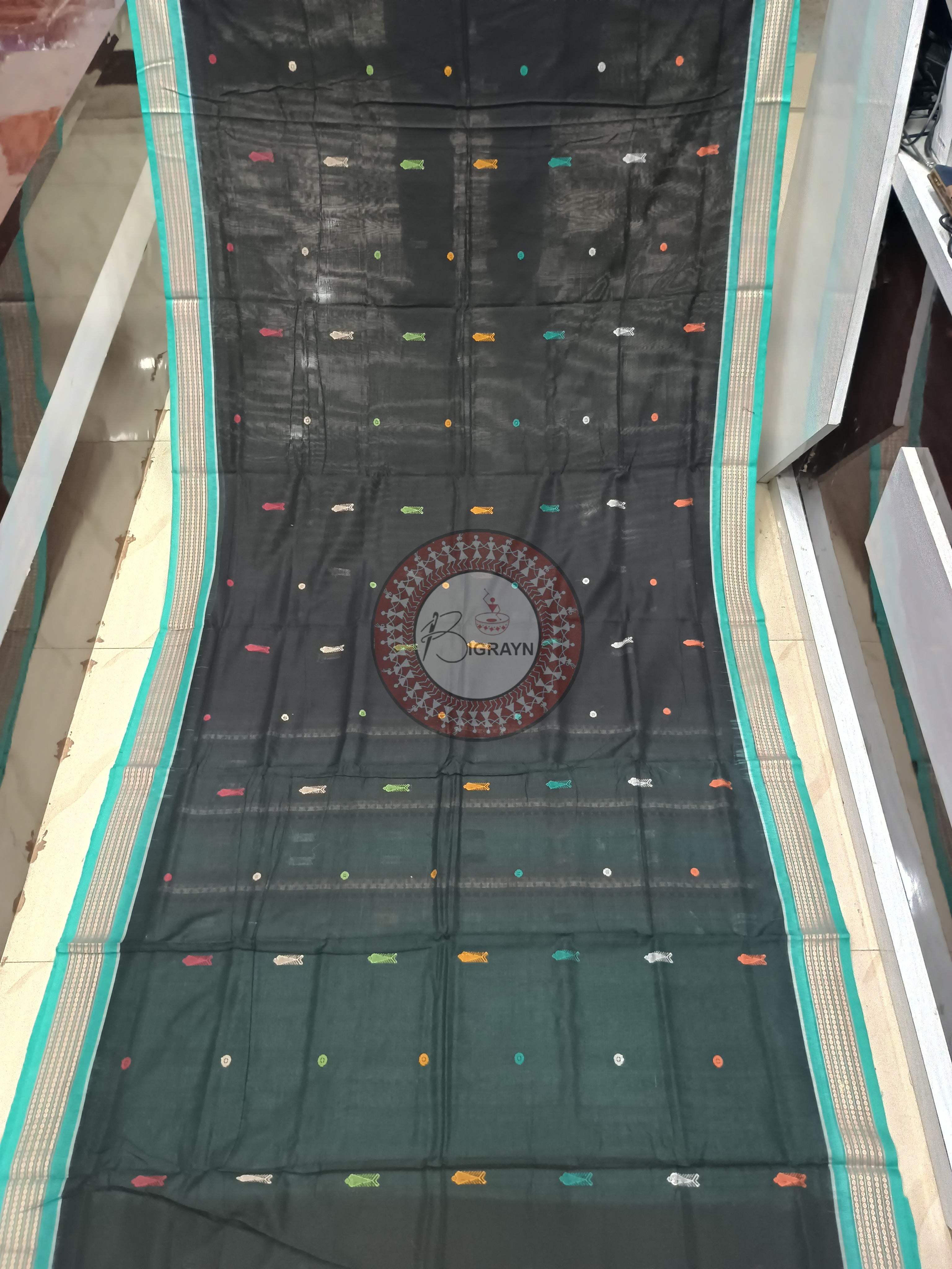 Black Sky Fish Buti Handloom Bomkai Cotton Saree