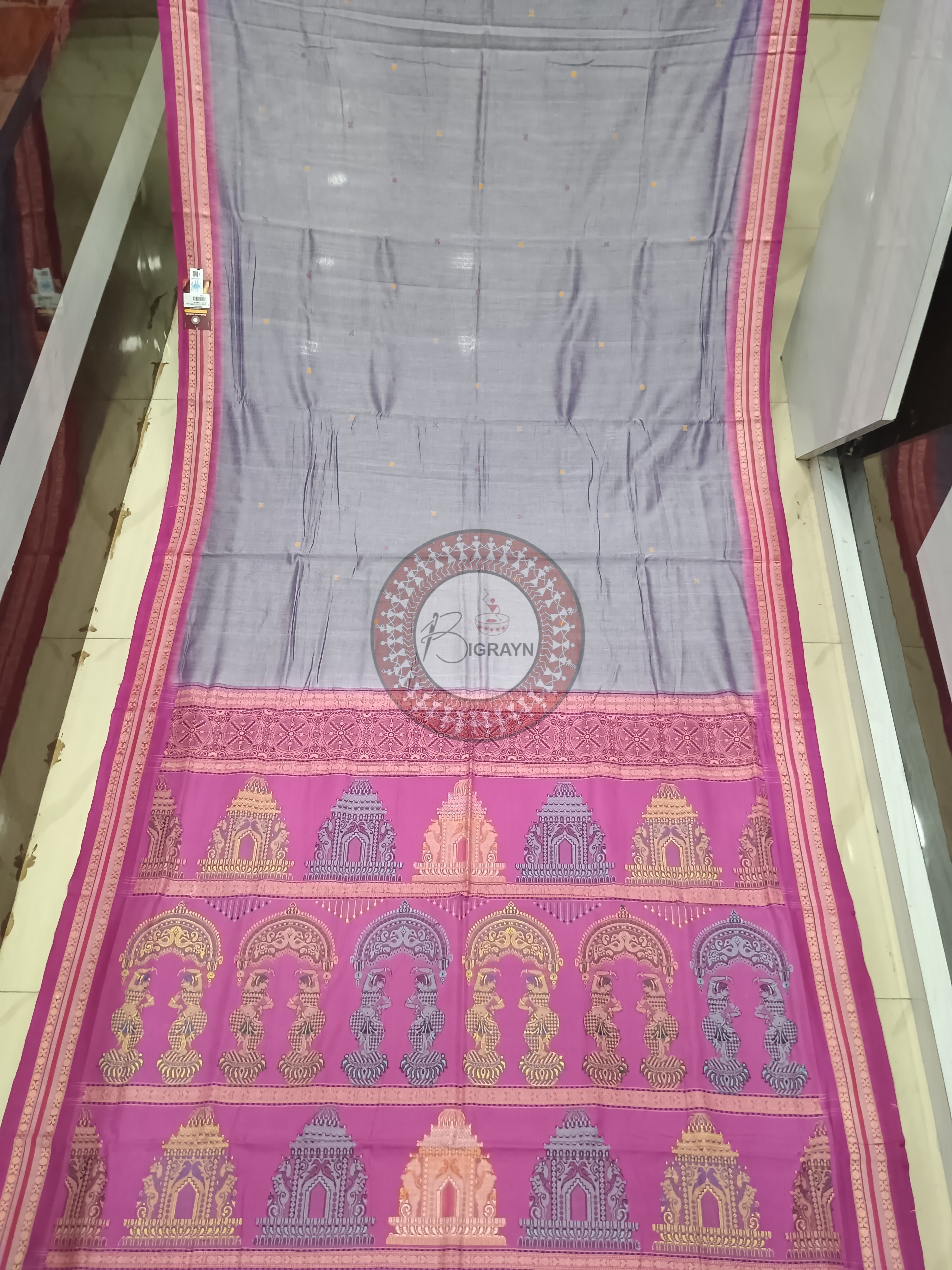 Grey Pink Konark Jaala Handloom Bomkai Cotton Saree