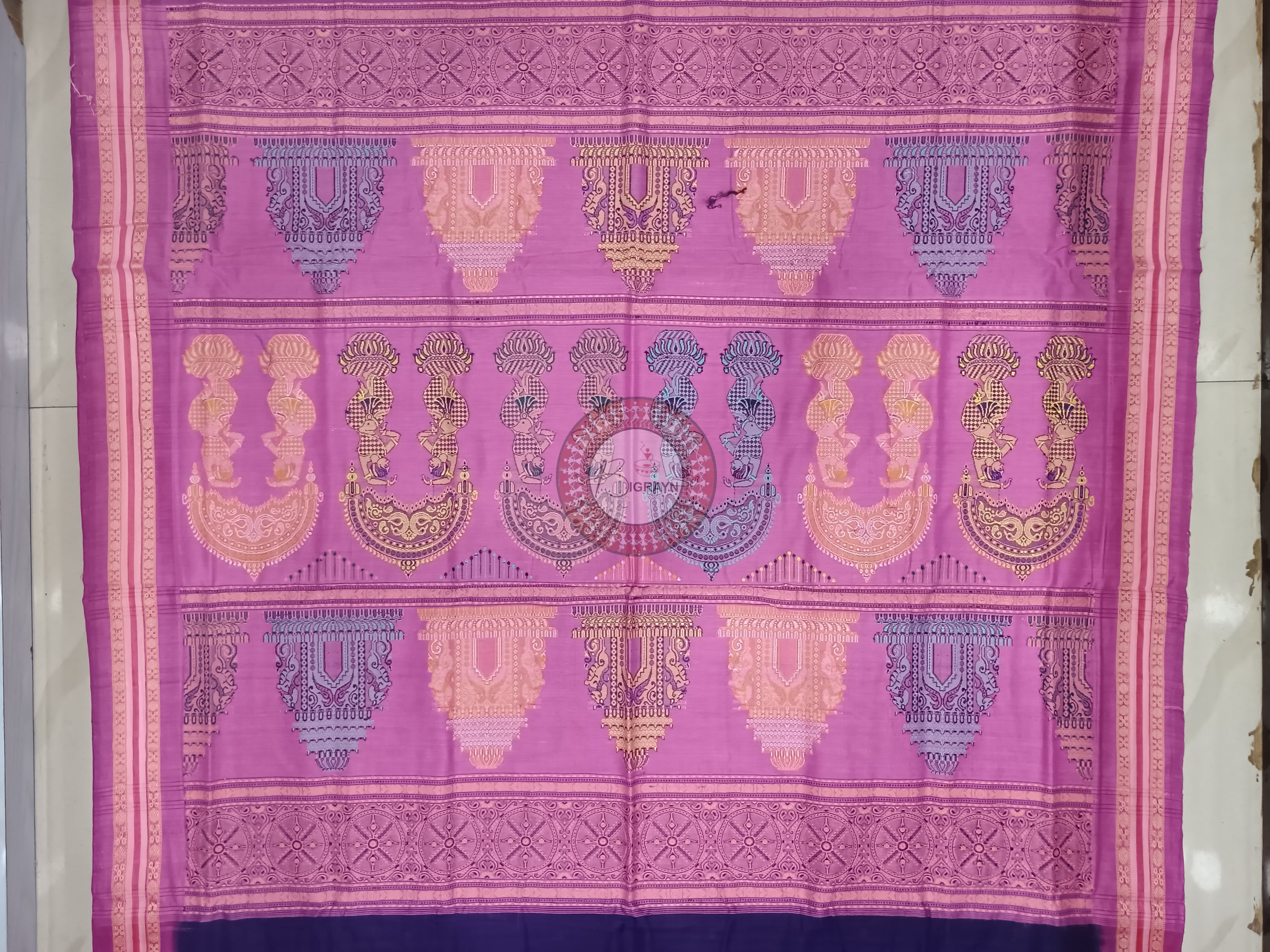 Navy Blue Pink Konark Jaala Handloom Bomkai Cotton Saree