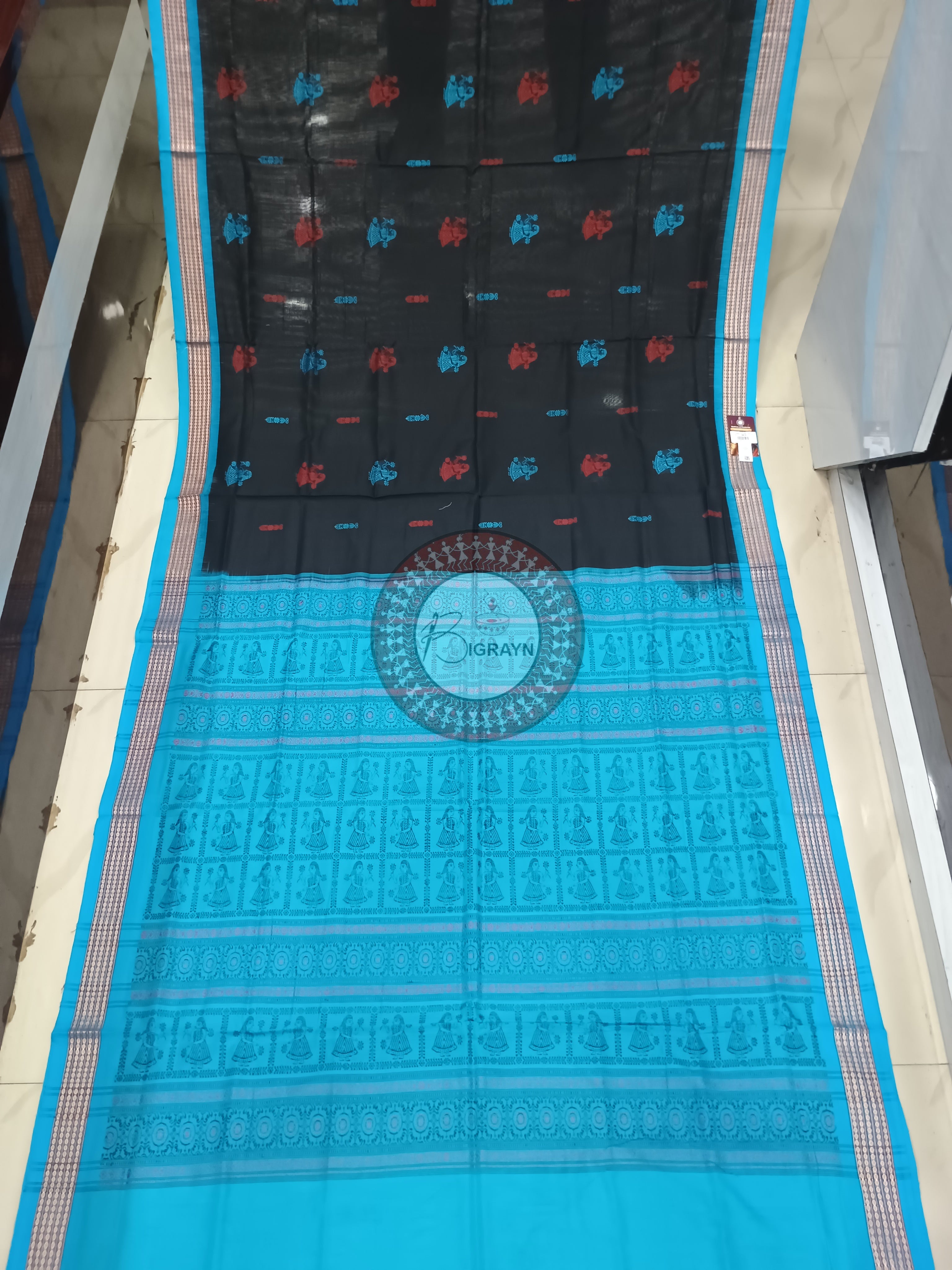 Black Sea Green Doll Handloom Bomkai Cotton Saree