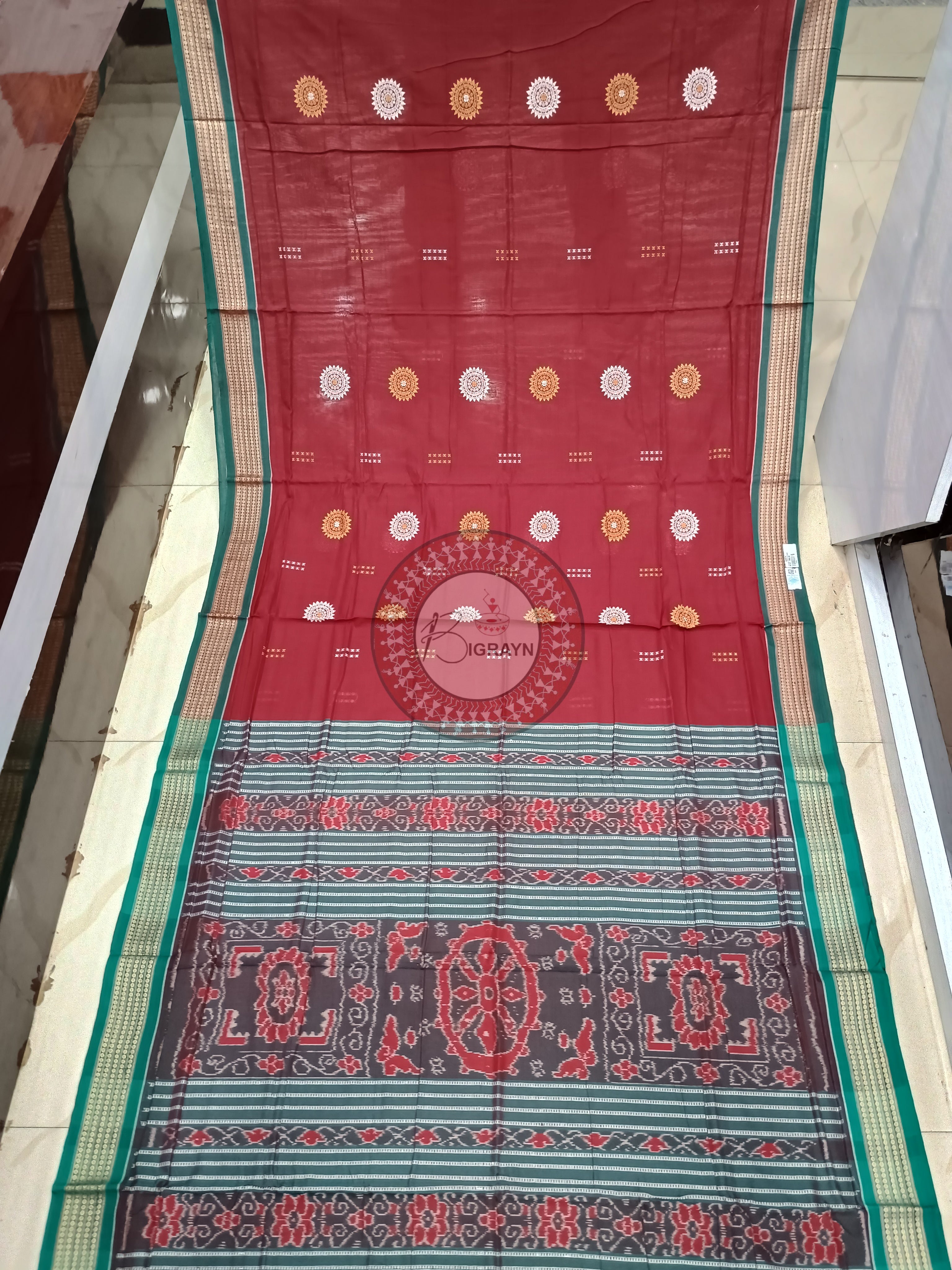 Maroon Multicolor Flower Handloom Sambalpuri Cotton Saree