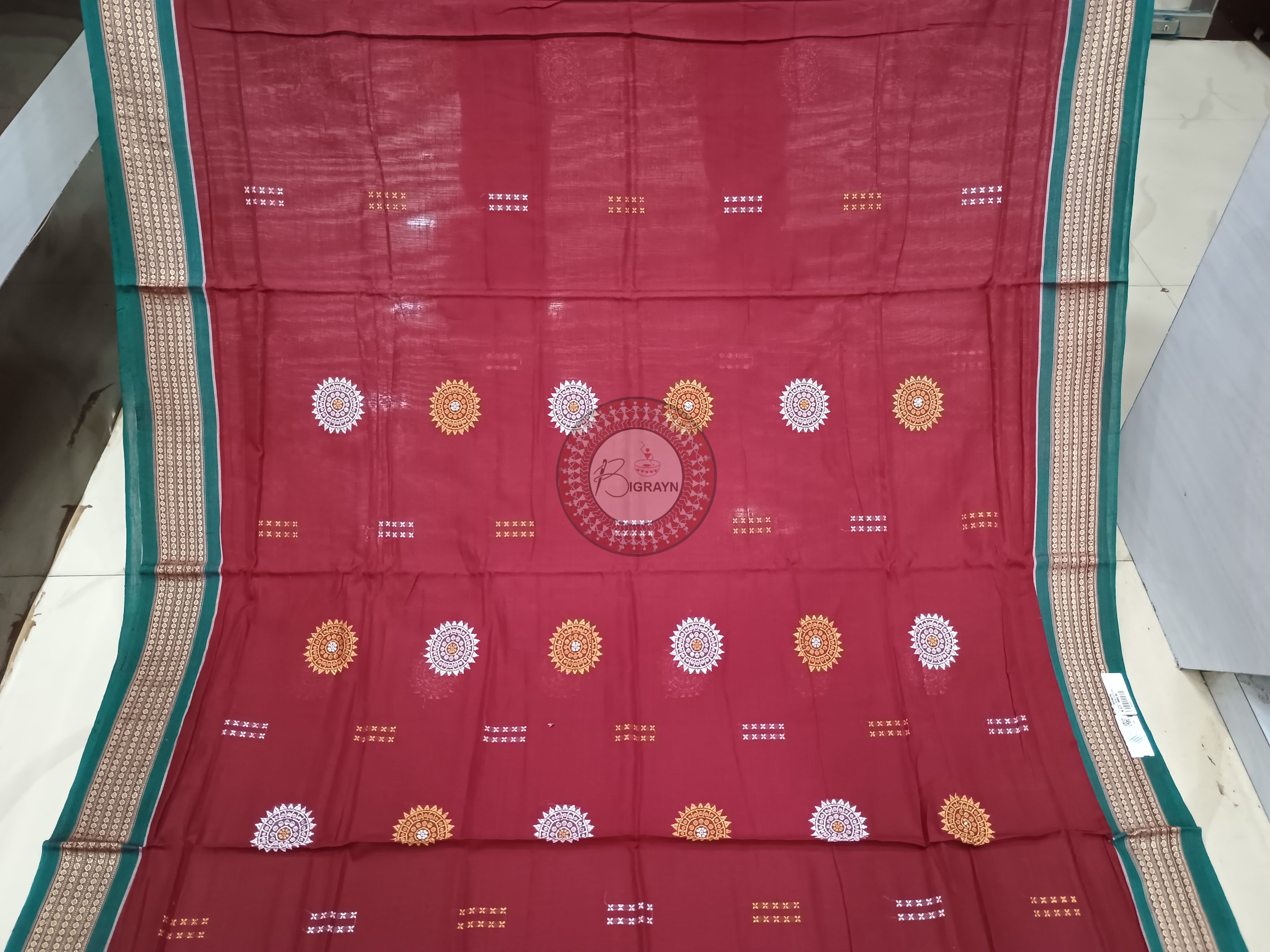 Maroon Multicolor Flower Handloom Sambalpuri Cotton Saree