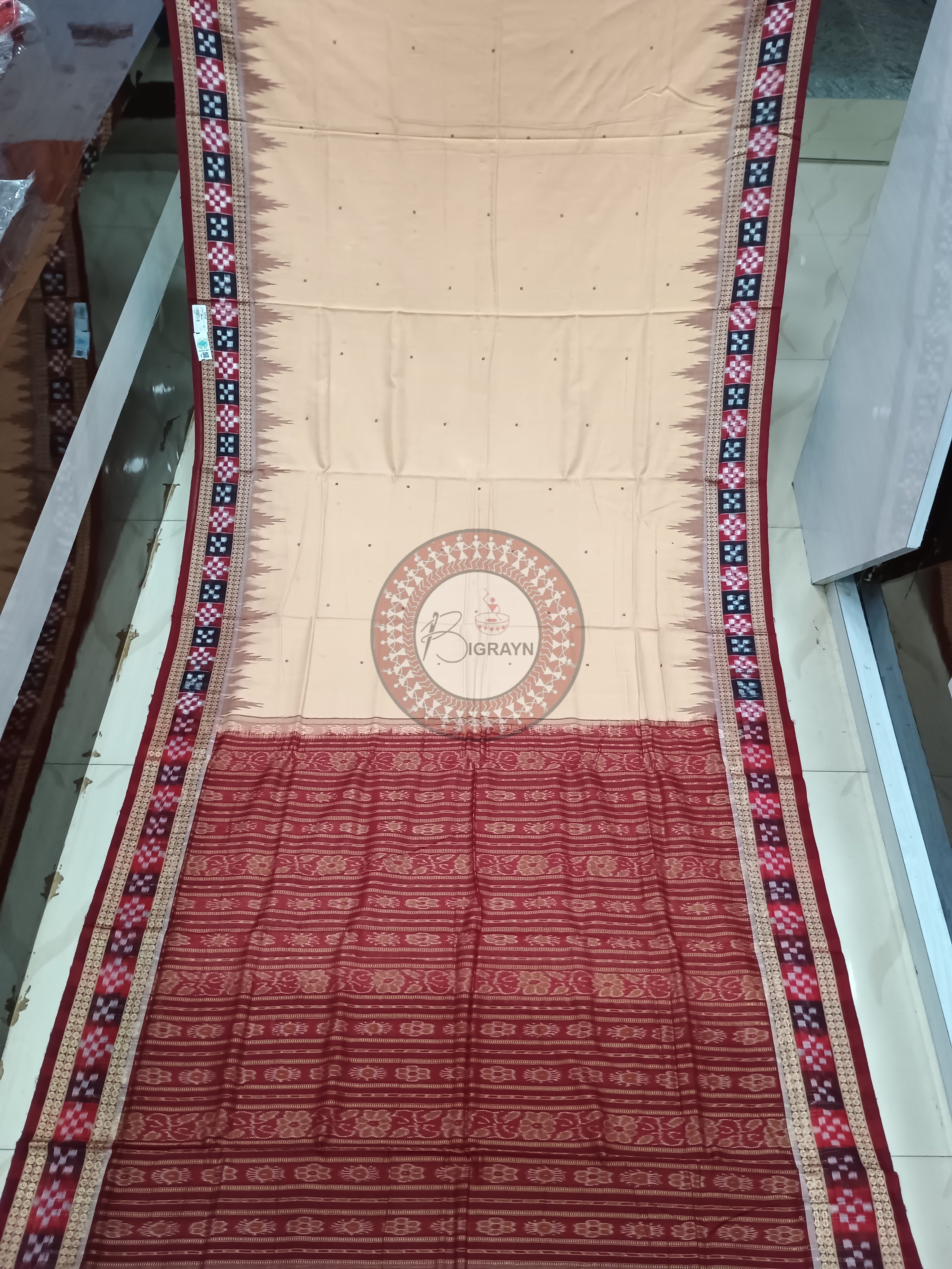 Cream Maroon Pasapali border Handloom Sambalpuri Cotton Saree