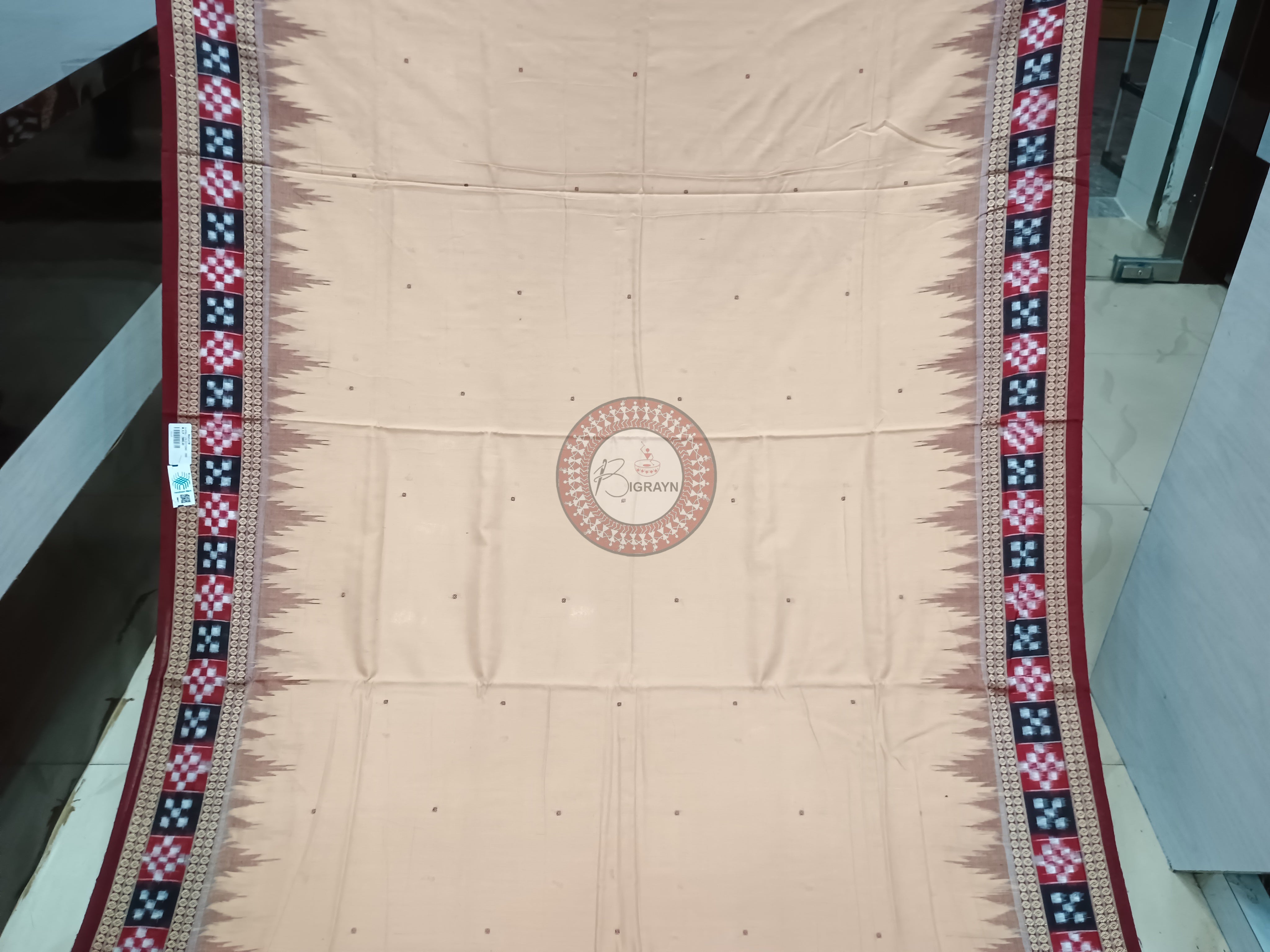 Cream Maroon Pasapali border Handloom Sambalpuri Cotton Saree