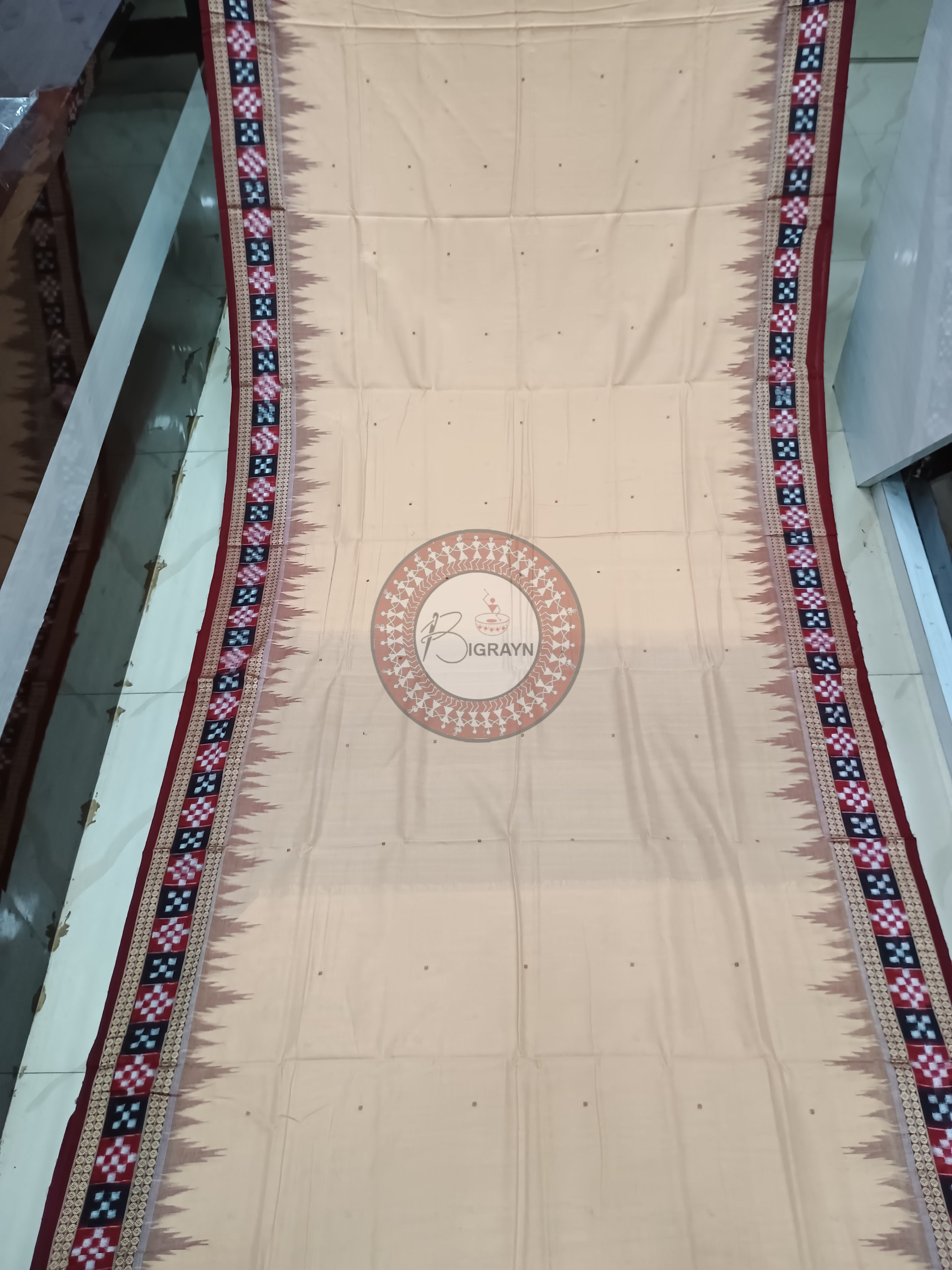 Cream Maroon Pasapali border Handloom Sambalpuri Cotton Saree