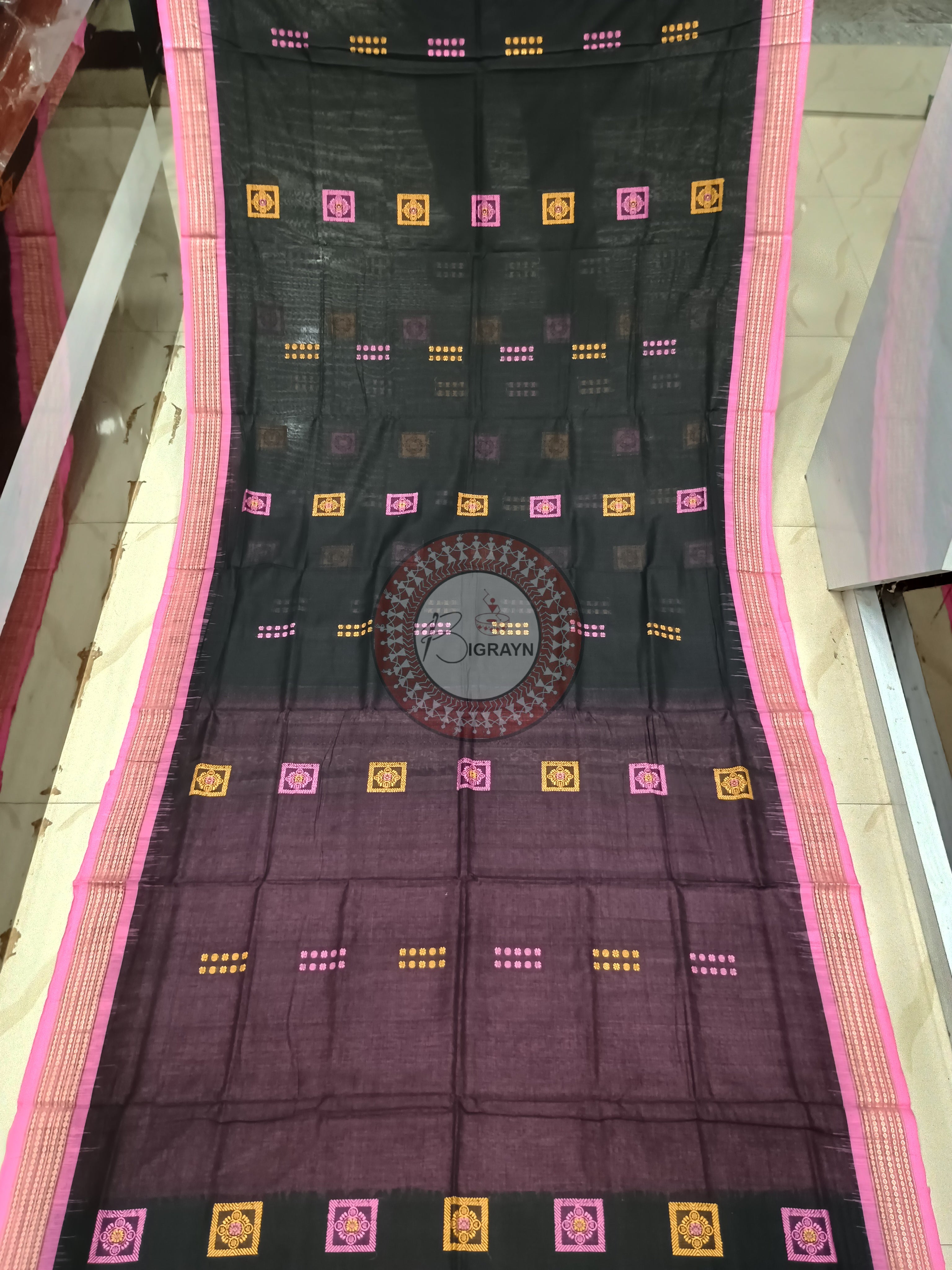 Black Pink Flower Handloom Bomkai Cotton Saree