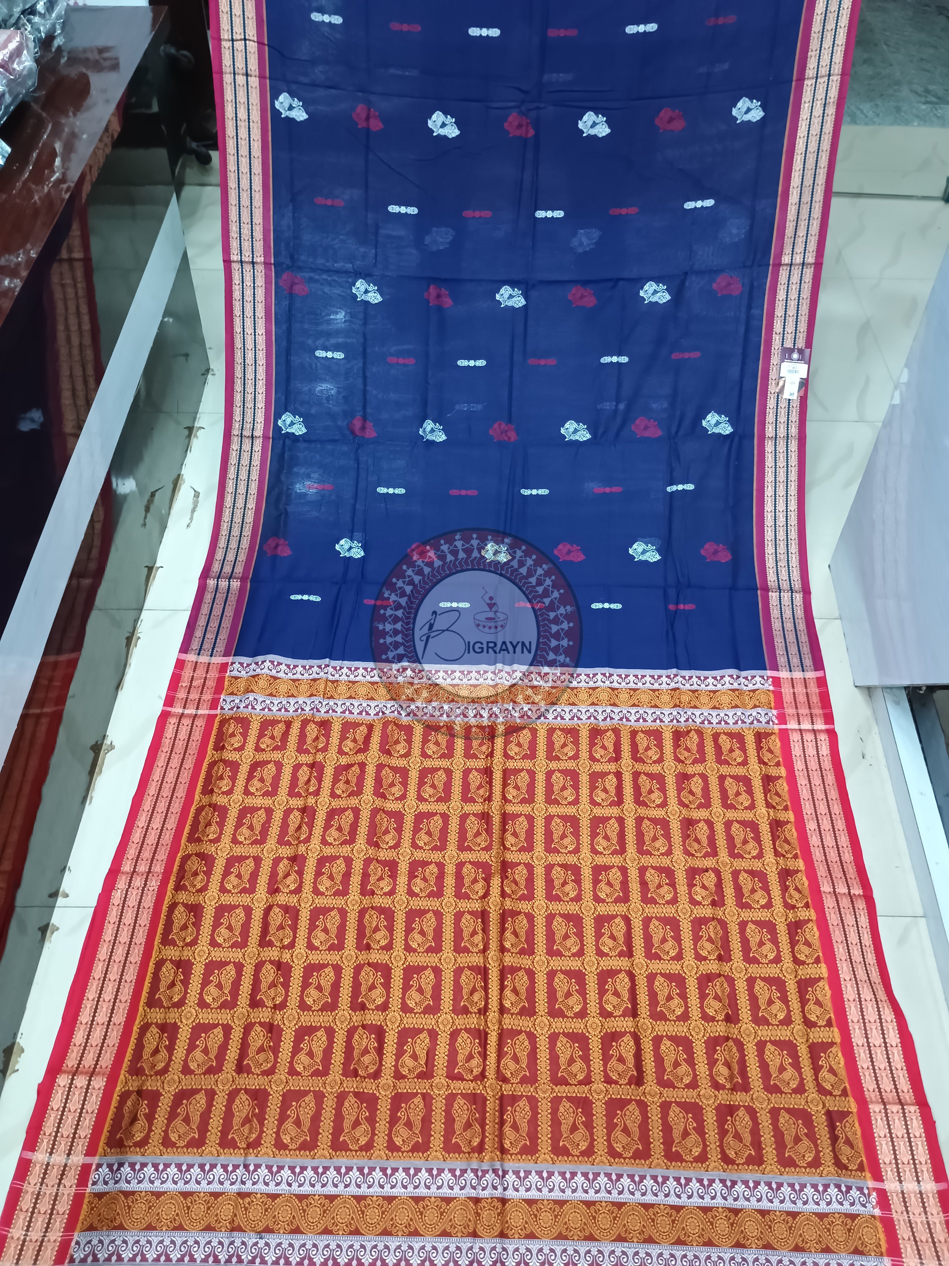Navy Blue Maroon Peacock Handloom Bomkai Cotton Saree