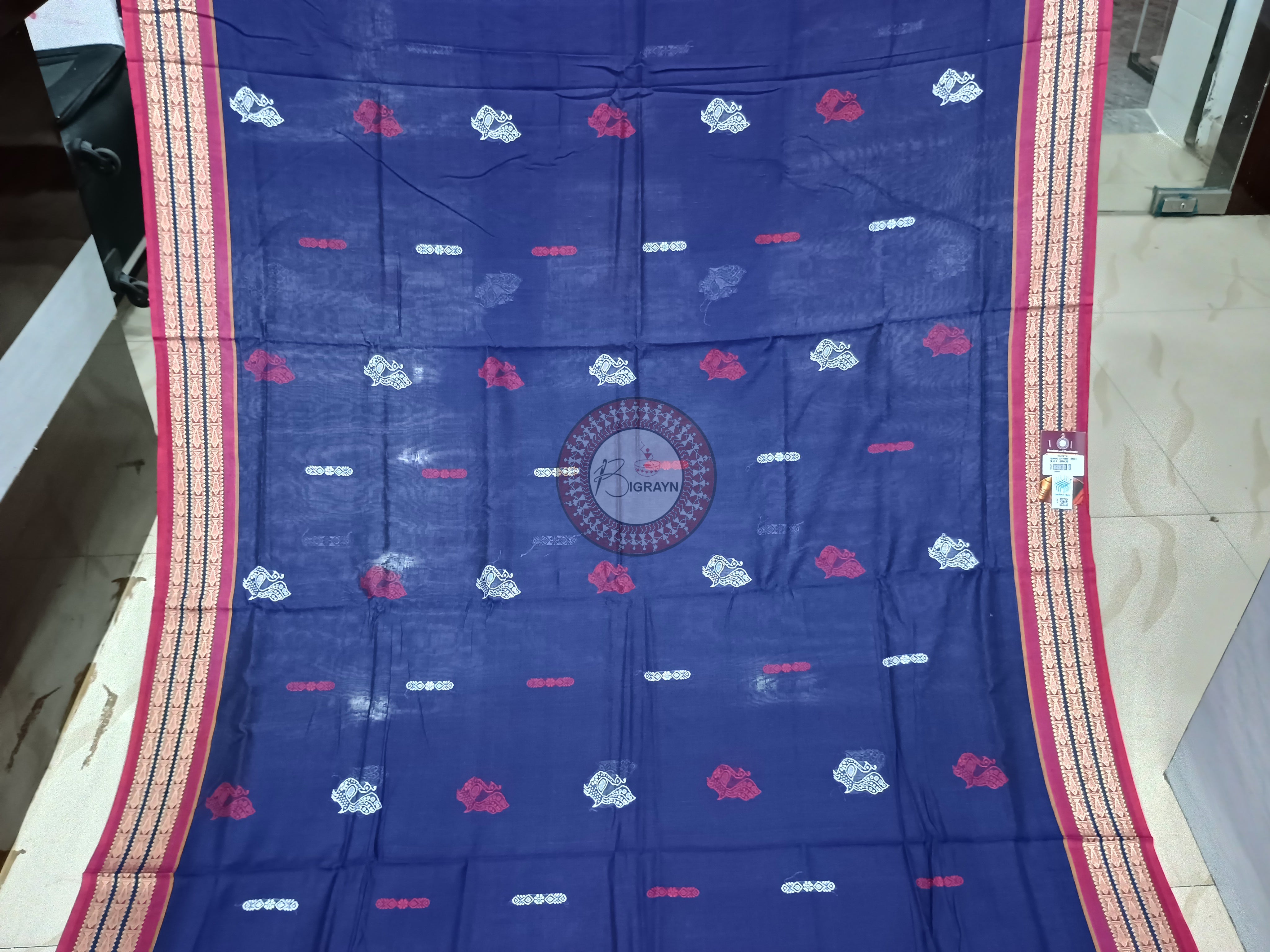 Navy Blue Maroon Peacock Handloom Bomkai Cotton Saree