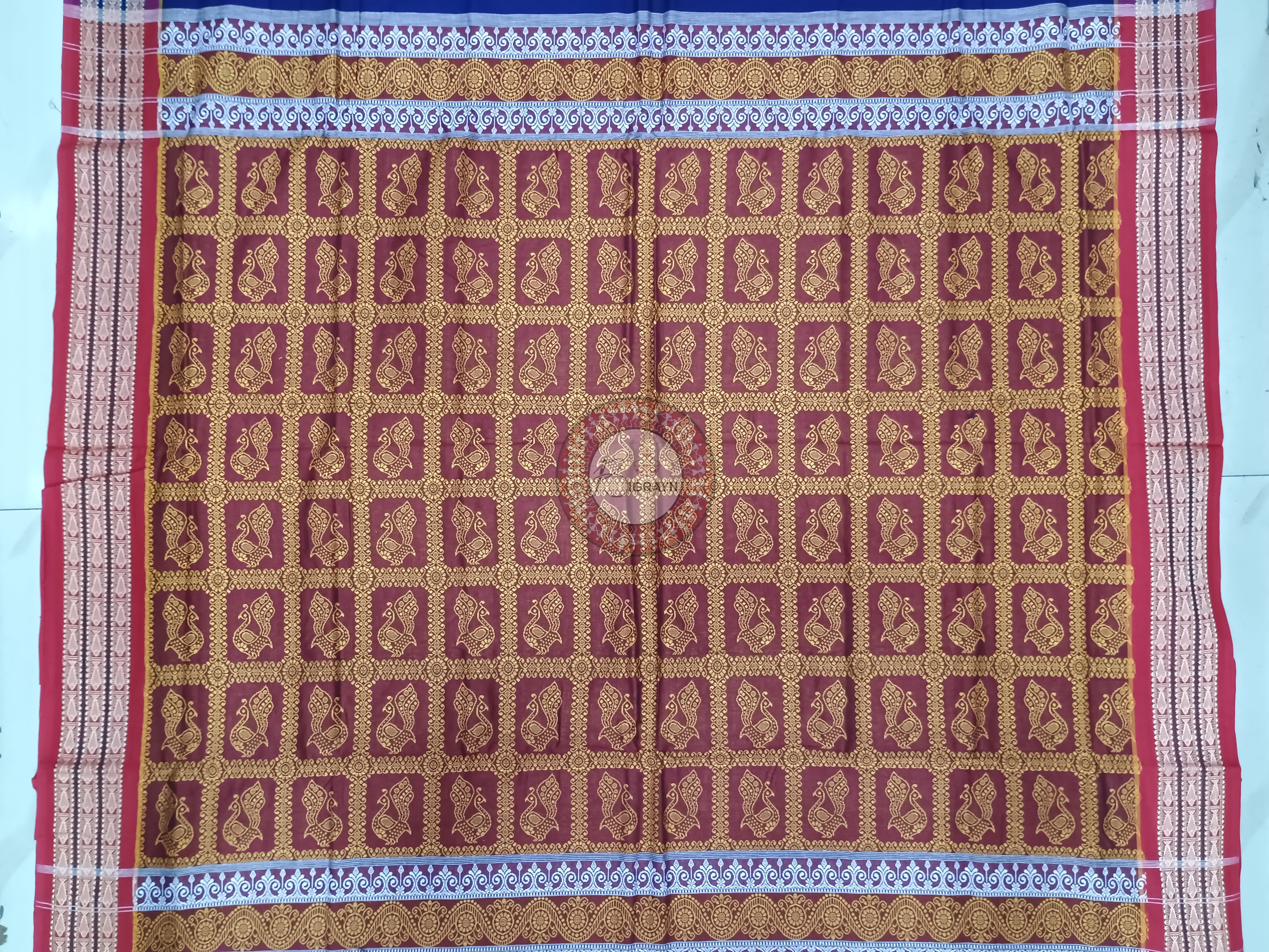 Navy Blue Maroon Peacock Handloom Bomkai Cotton Saree