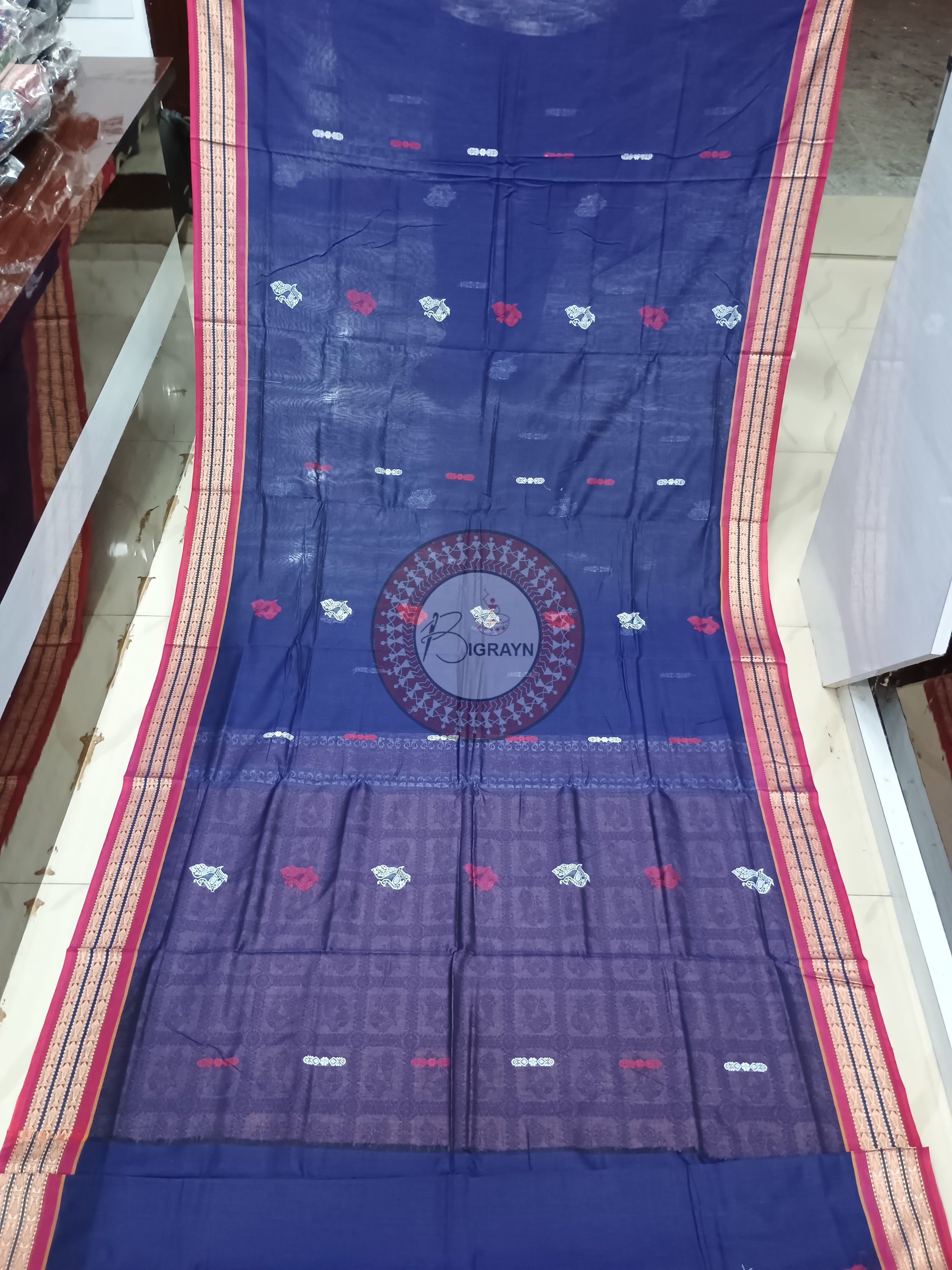 Navy Blue Maroon Peacock Handloom Bomkai Cotton Saree