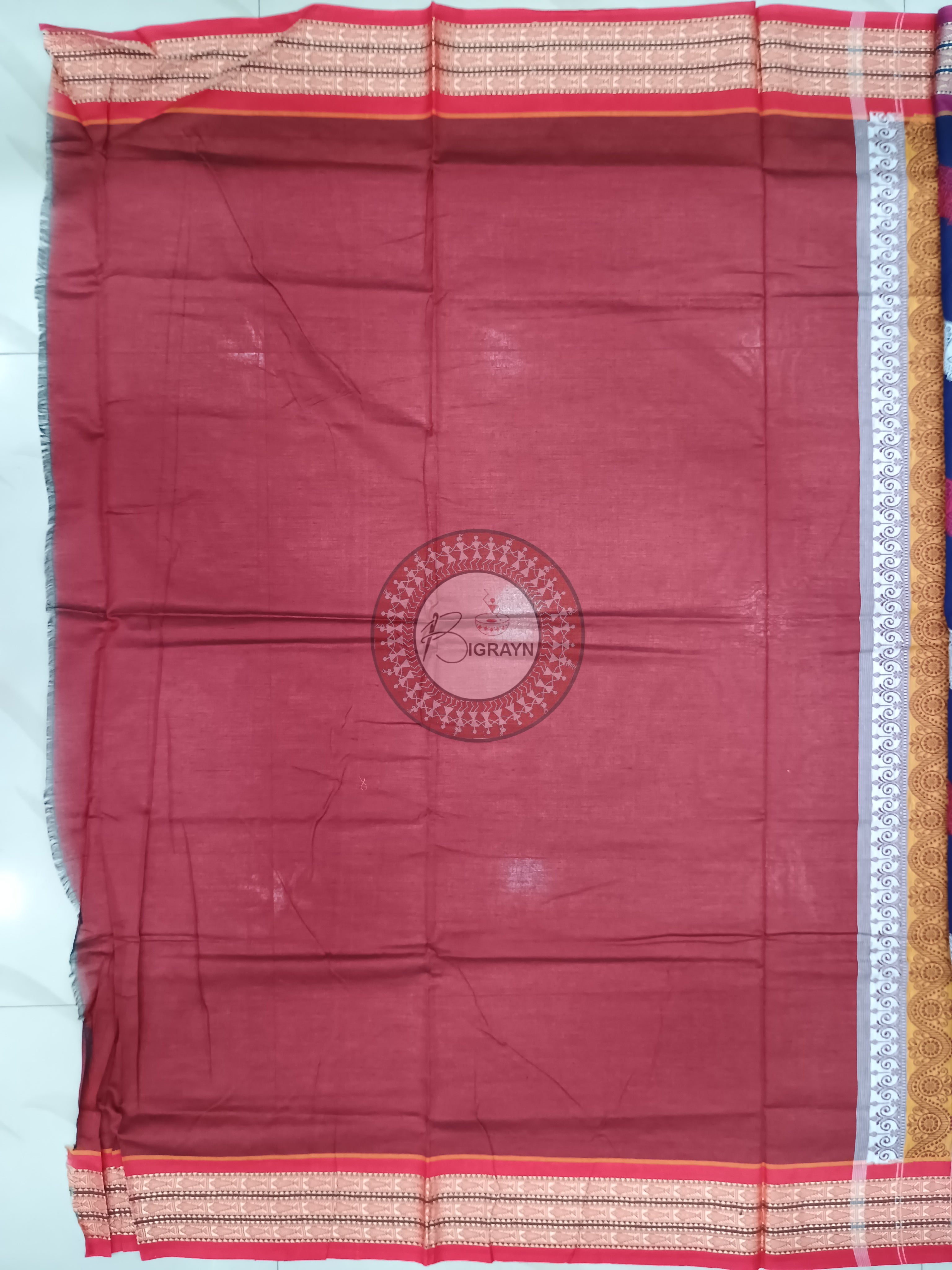 Navy Blue Maroon Peacock Handloom Bomkai Cotton Saree