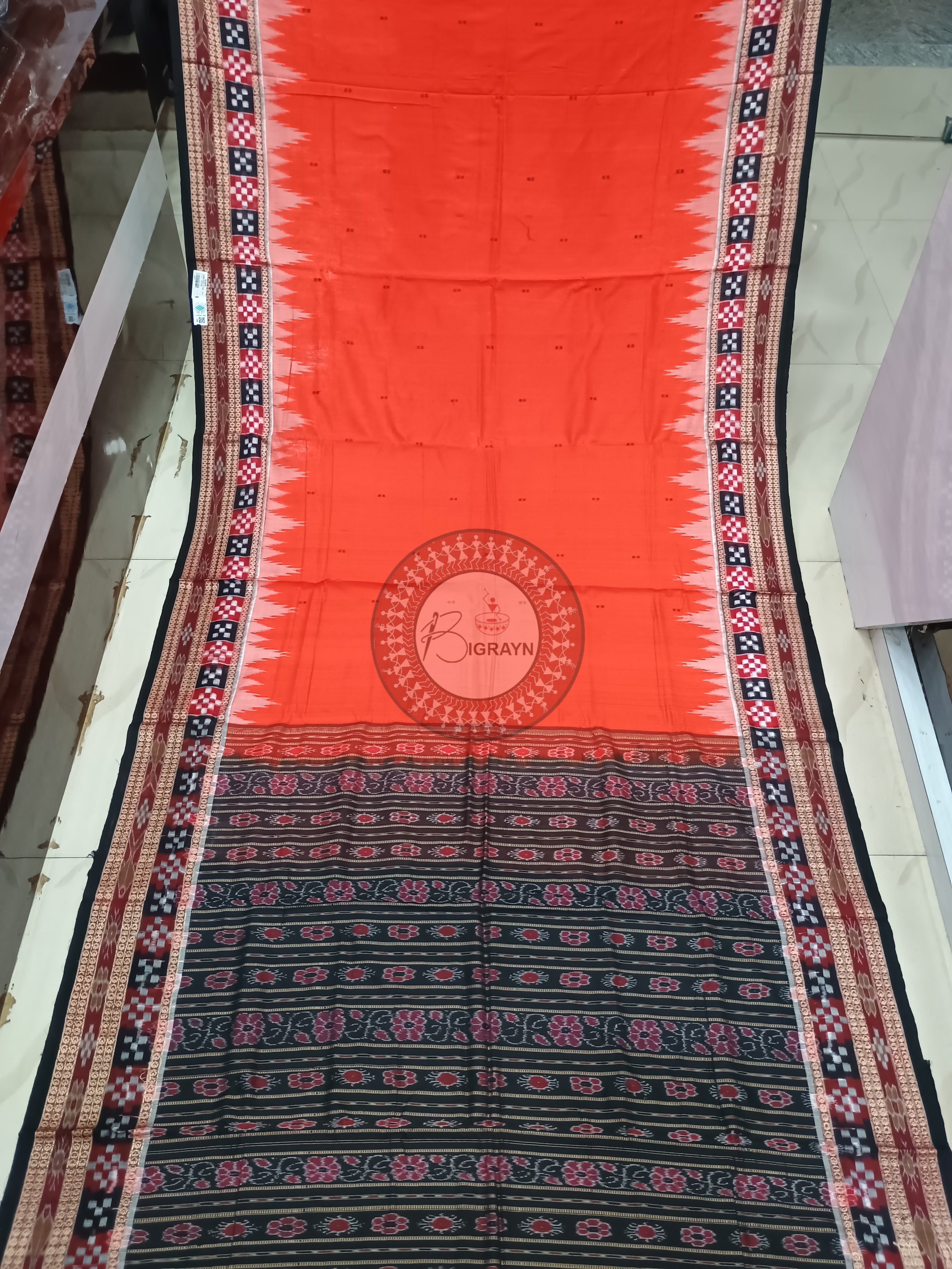 Orange Black Buti Handloom Sambalpuri Cotton Saree