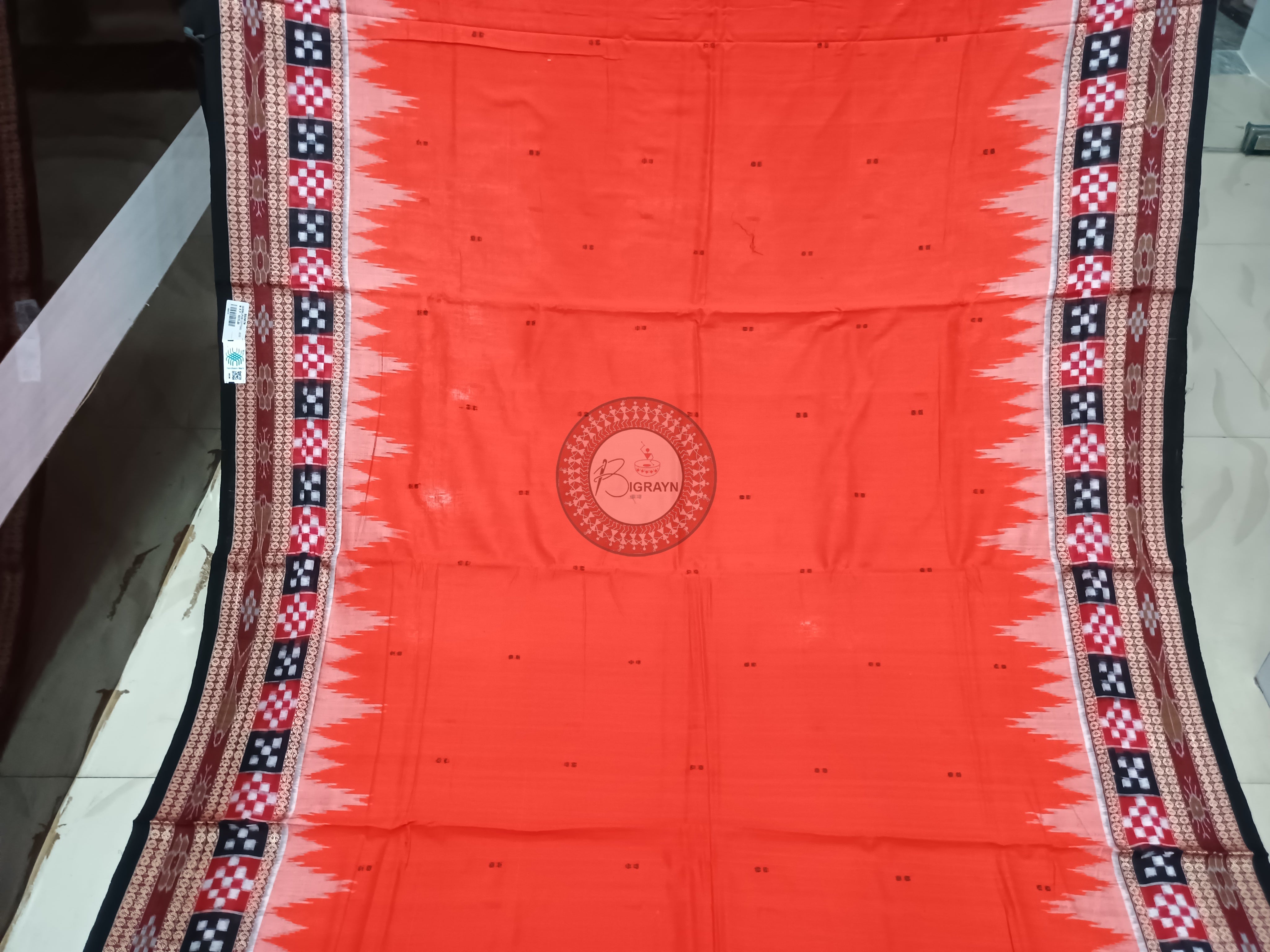 Orange Black Buti Handloom Sambalpuri Cotton Saree