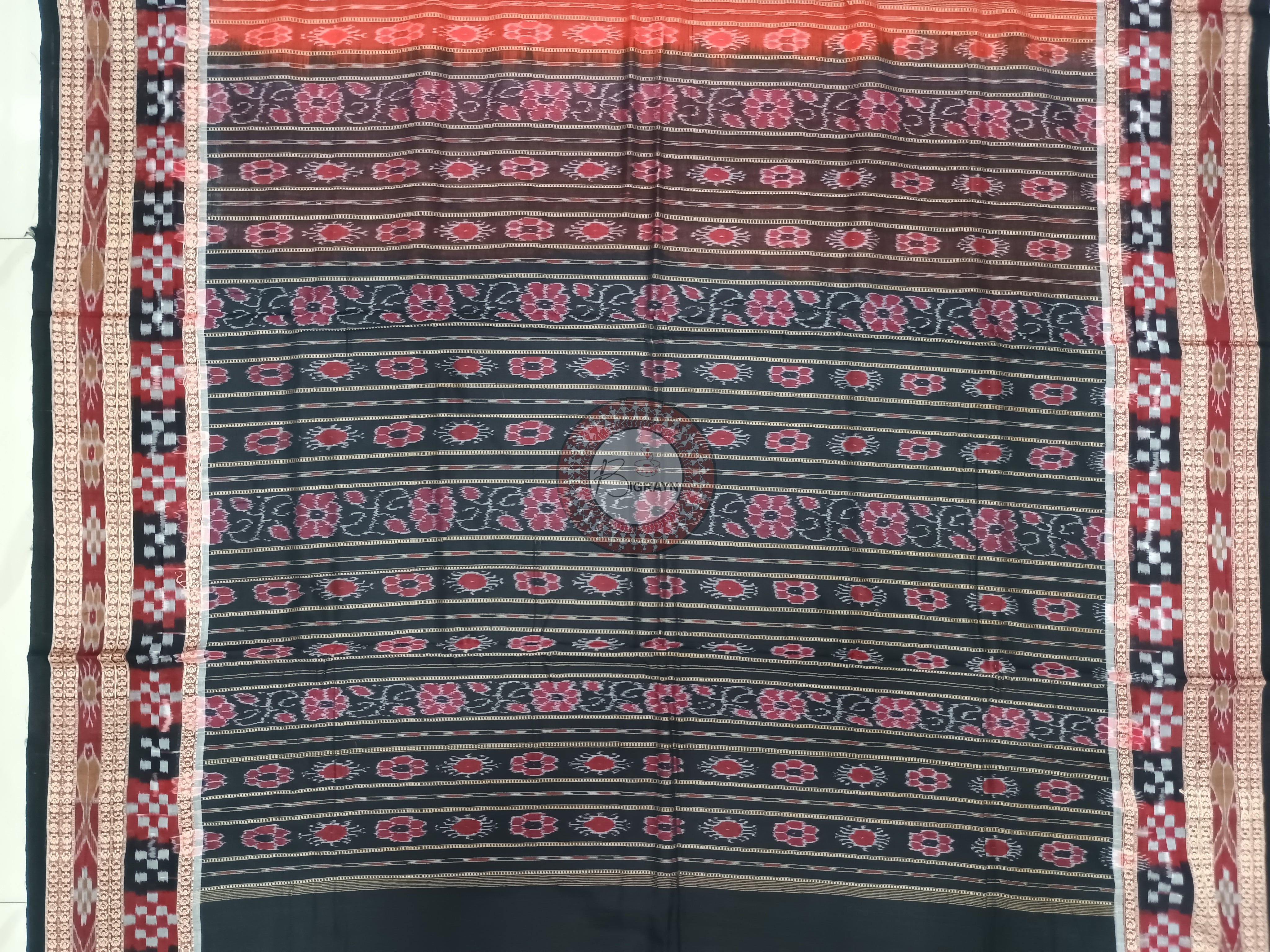 Orange Black Buti Handloom Sambalpuri Cotton Saree