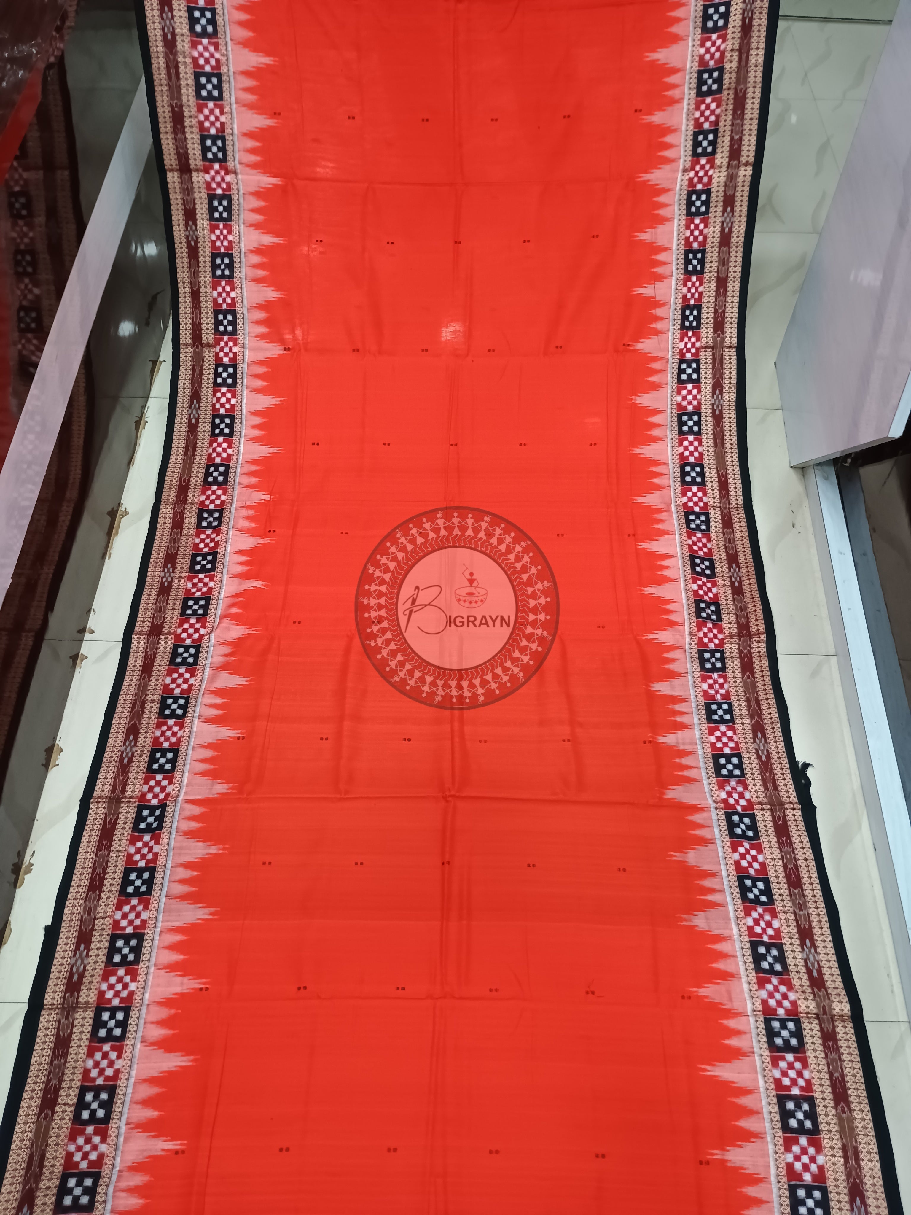 Orange Black Buti Handloom Sambalpuri Cotton Saree