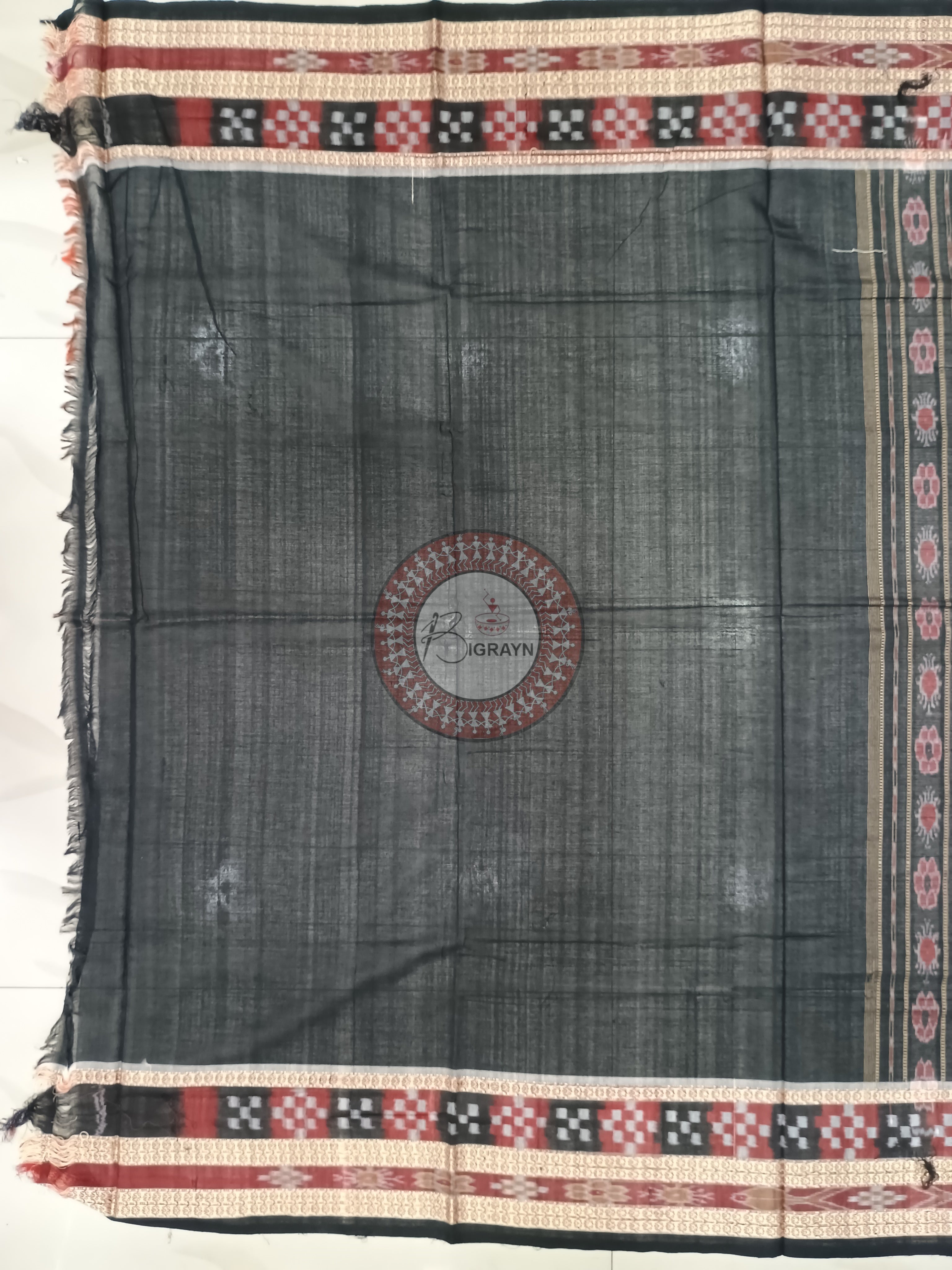 Orange Black Buti Handloom Sambalpuri Cotton Saree