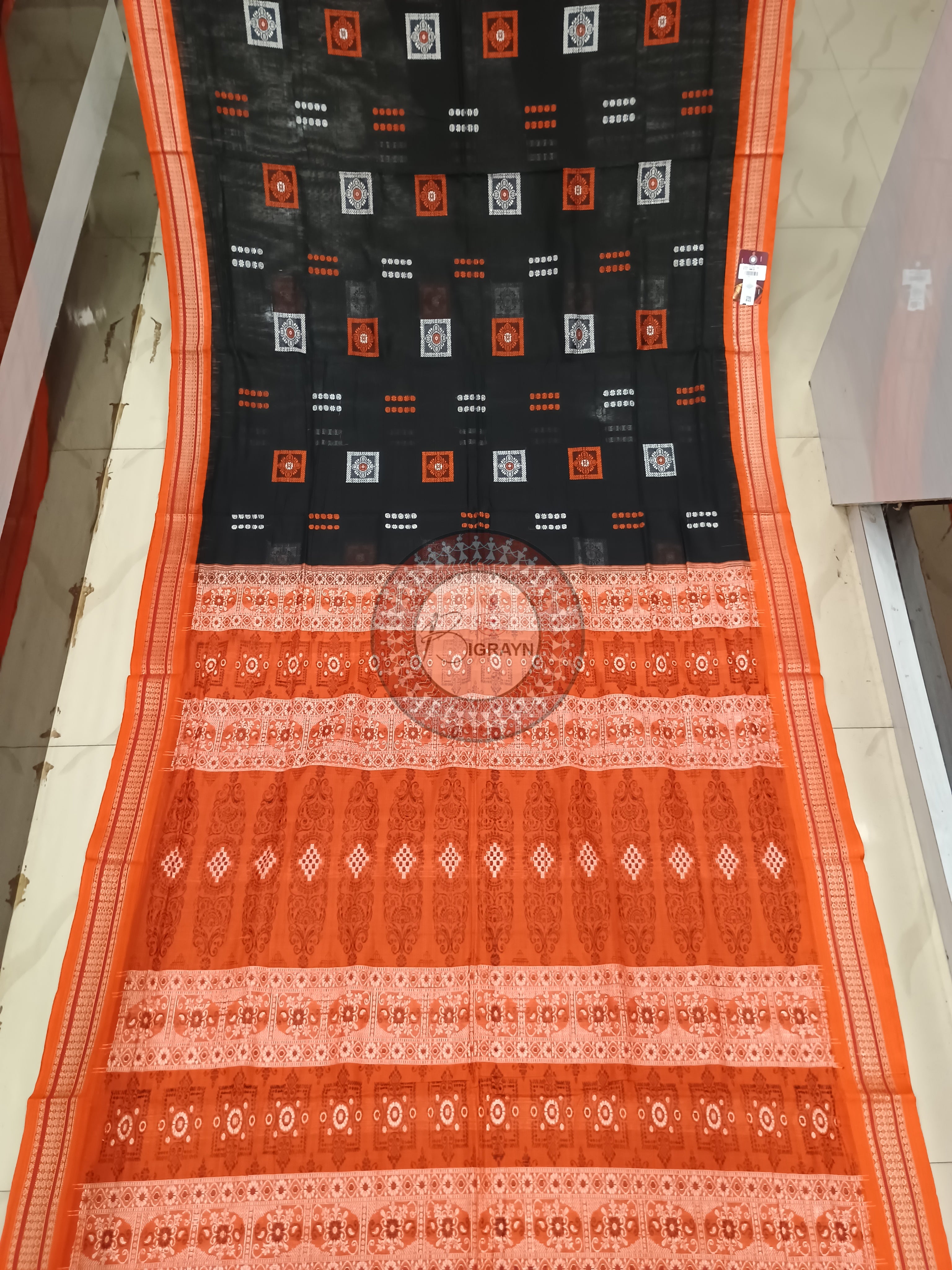 Black Orange Buti Handloom Bomkai Cotton Saree