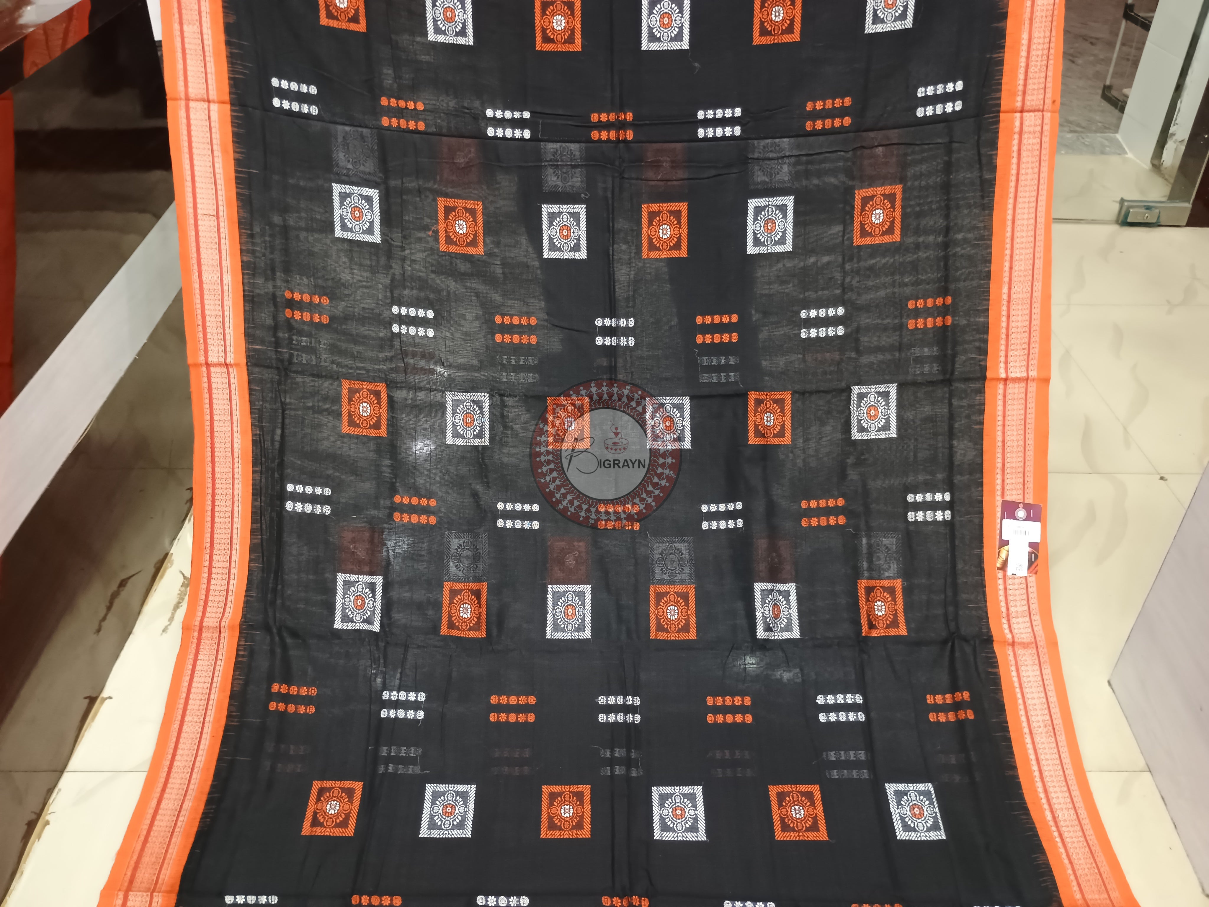 Black Orange Buti Handloom Bomkai Cotton Saree