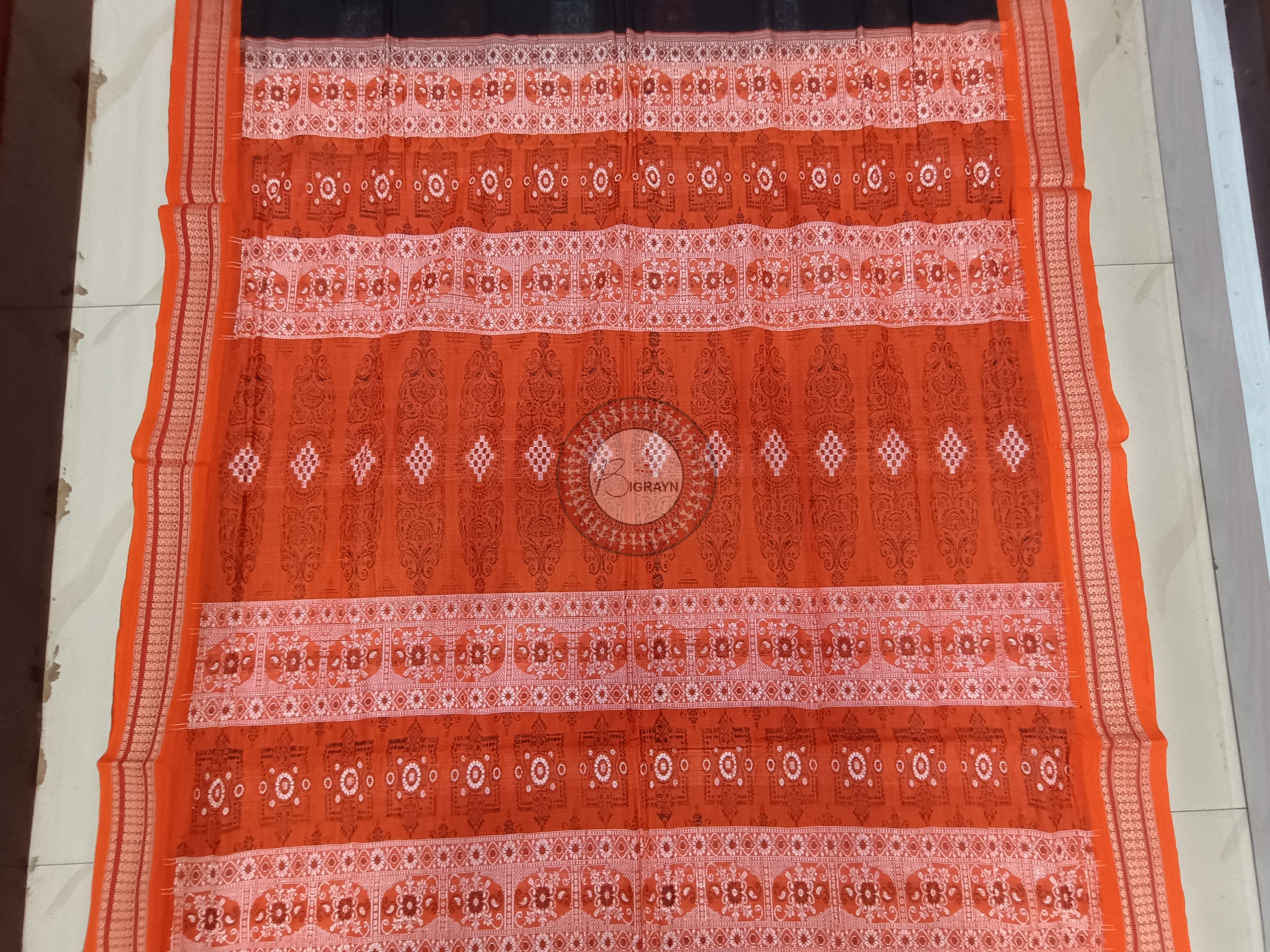 Black Orange Buti Handloom Bomkai Cotton Saree