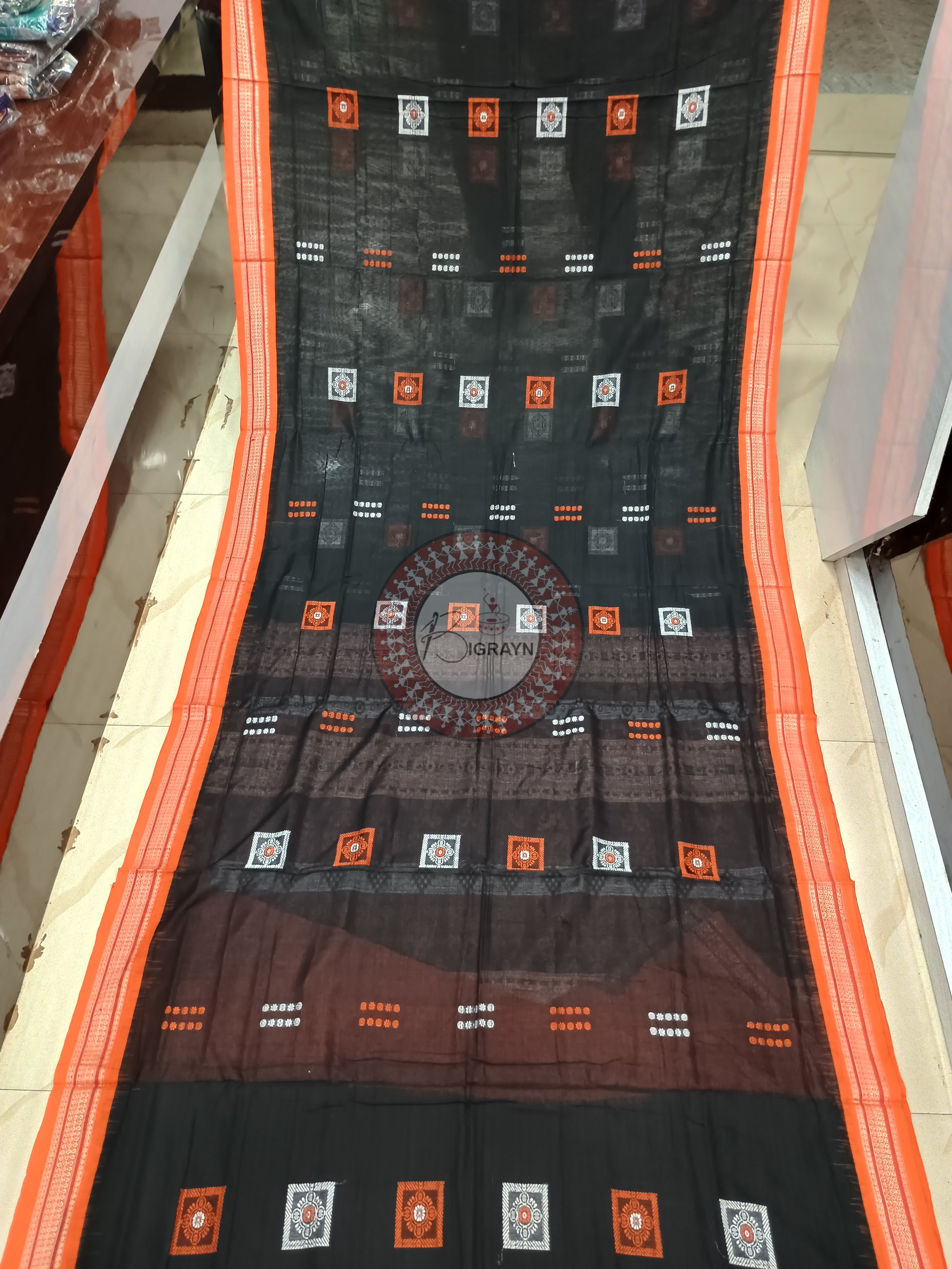 Black Orange Buti Handloom Bomkai Cotton Saree