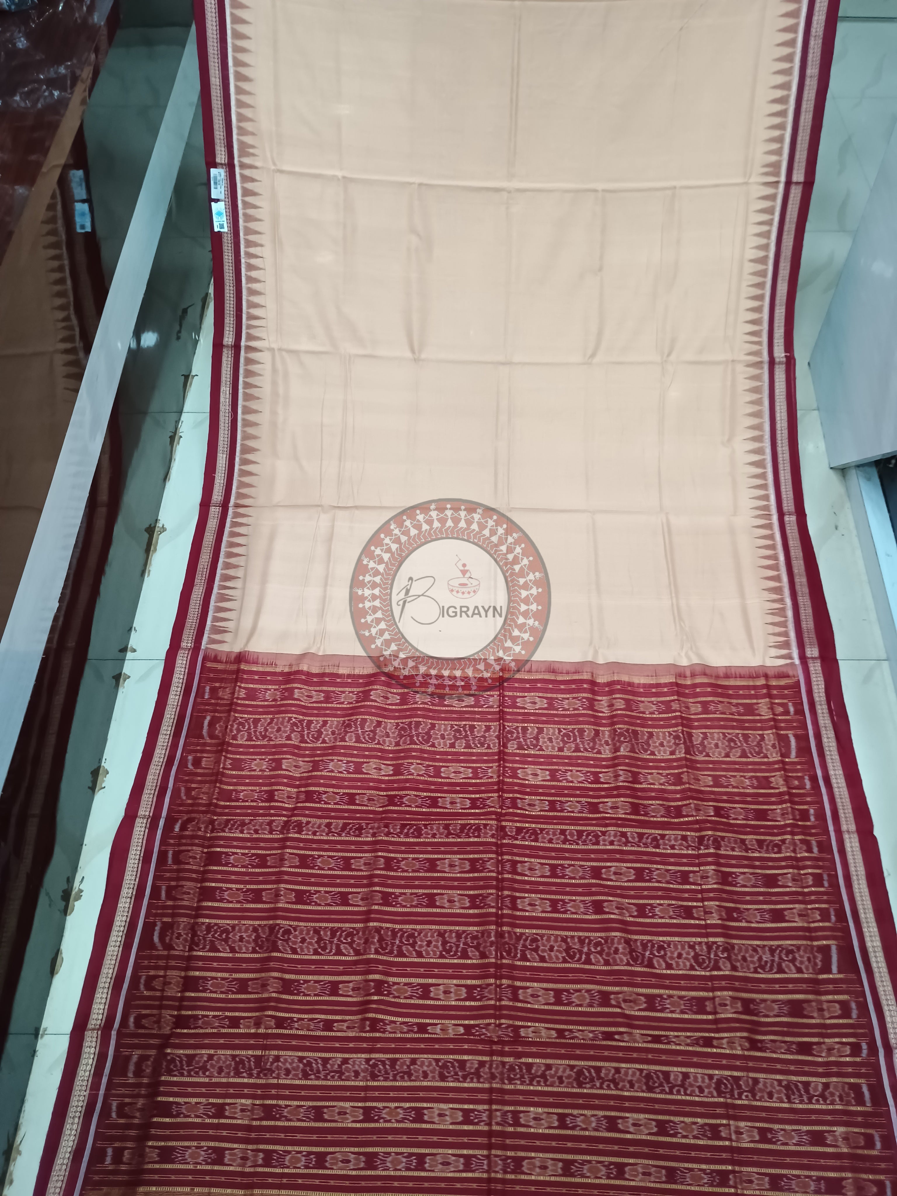 Cream Maroon Handloom Sambalpuri Cotton Saree