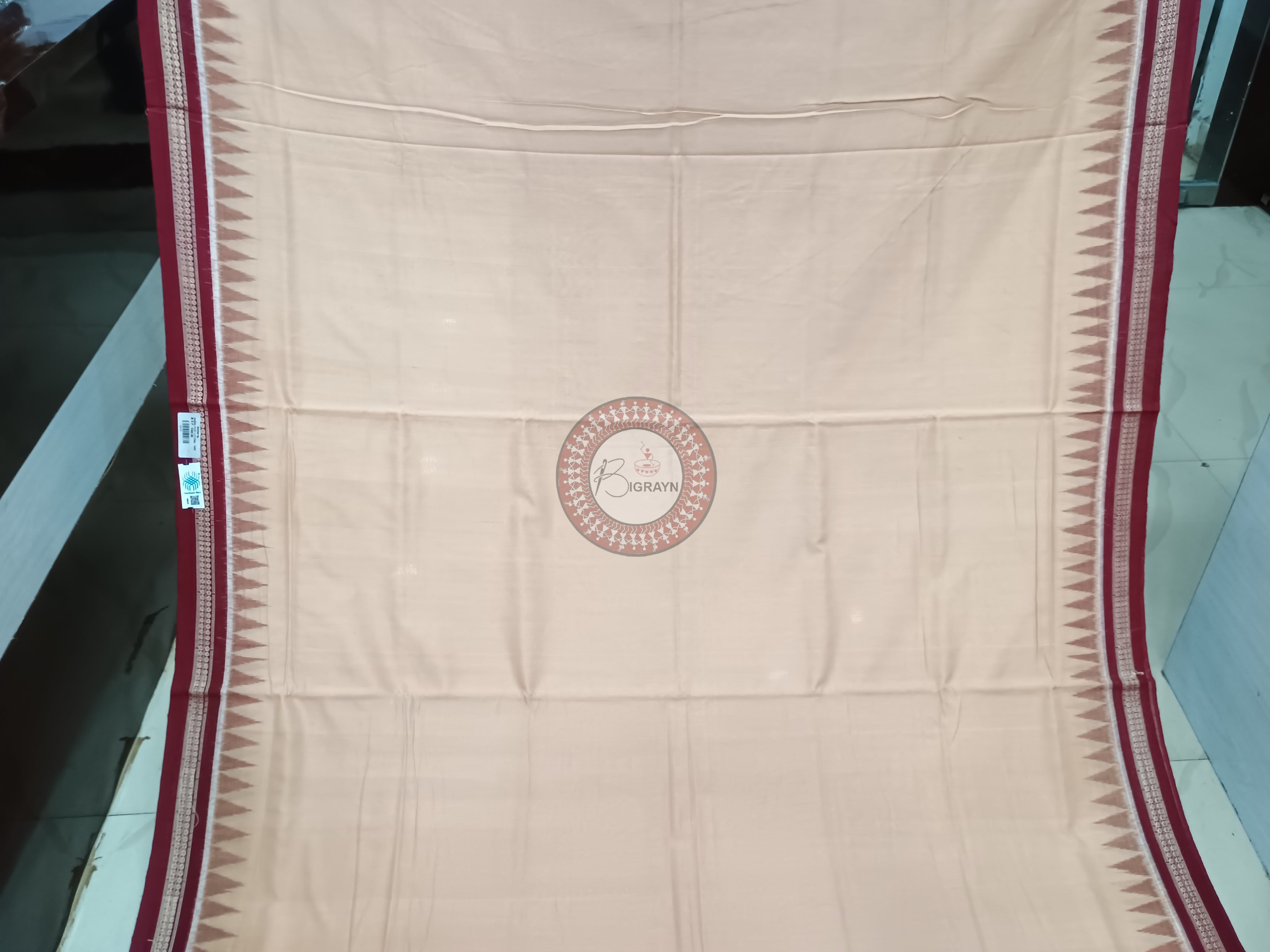 Cream Maroon Handloom Sambalpuri Cotton Saree
