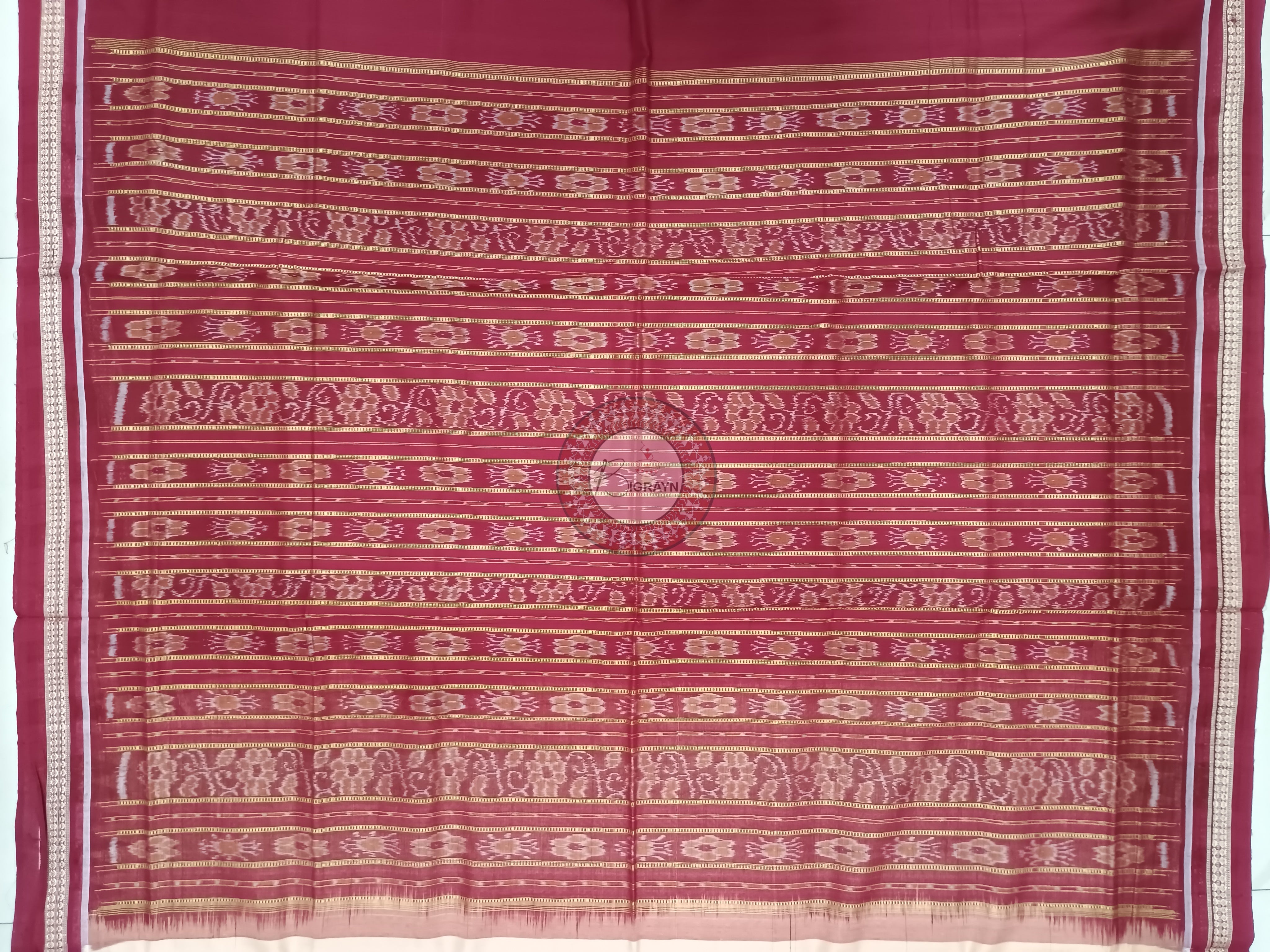 Cream Maroon Handloom Sambalpuri Cotton Saree