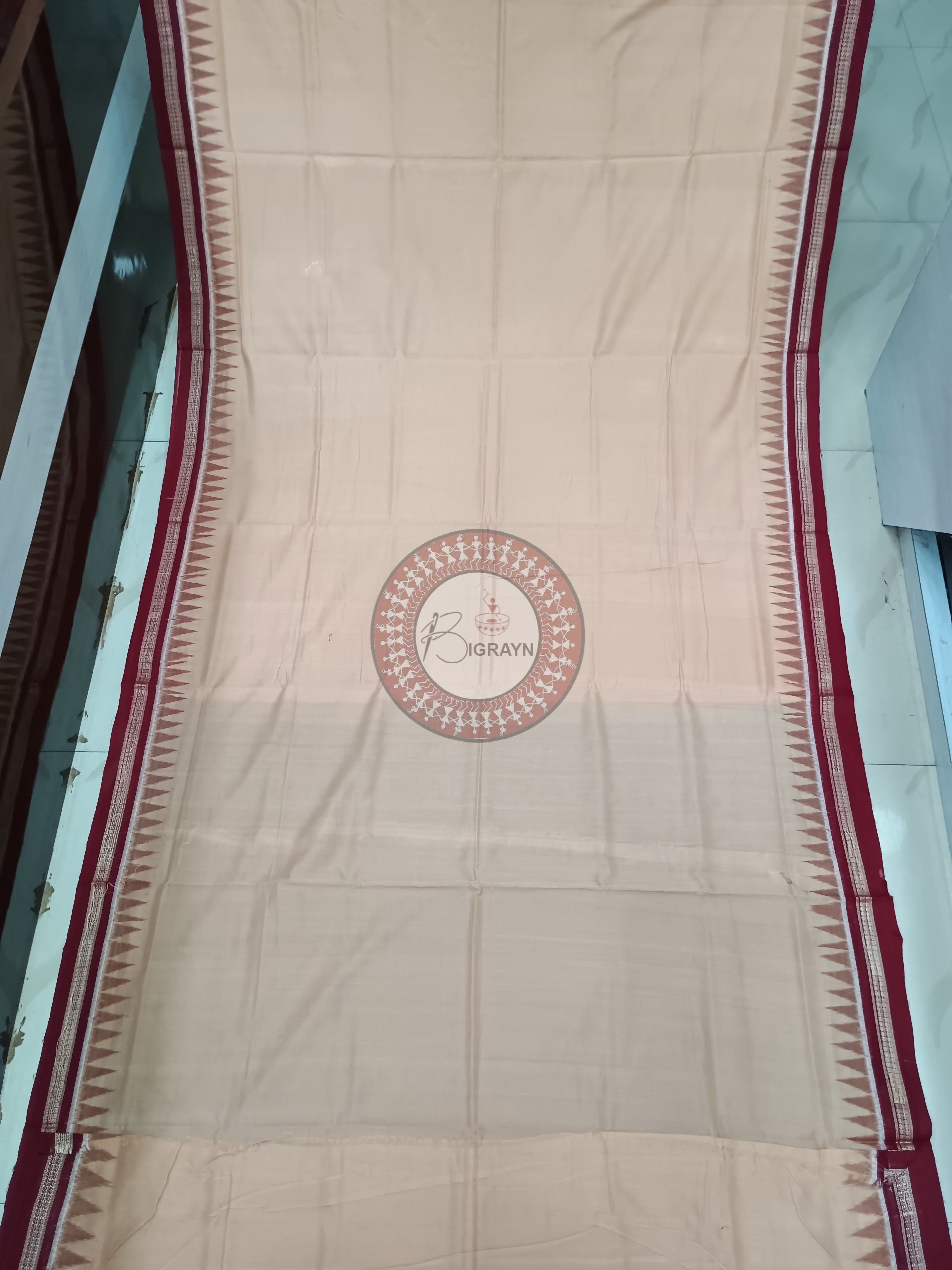 Cream Maroon Handloom Sambalpuri Cotton Saree