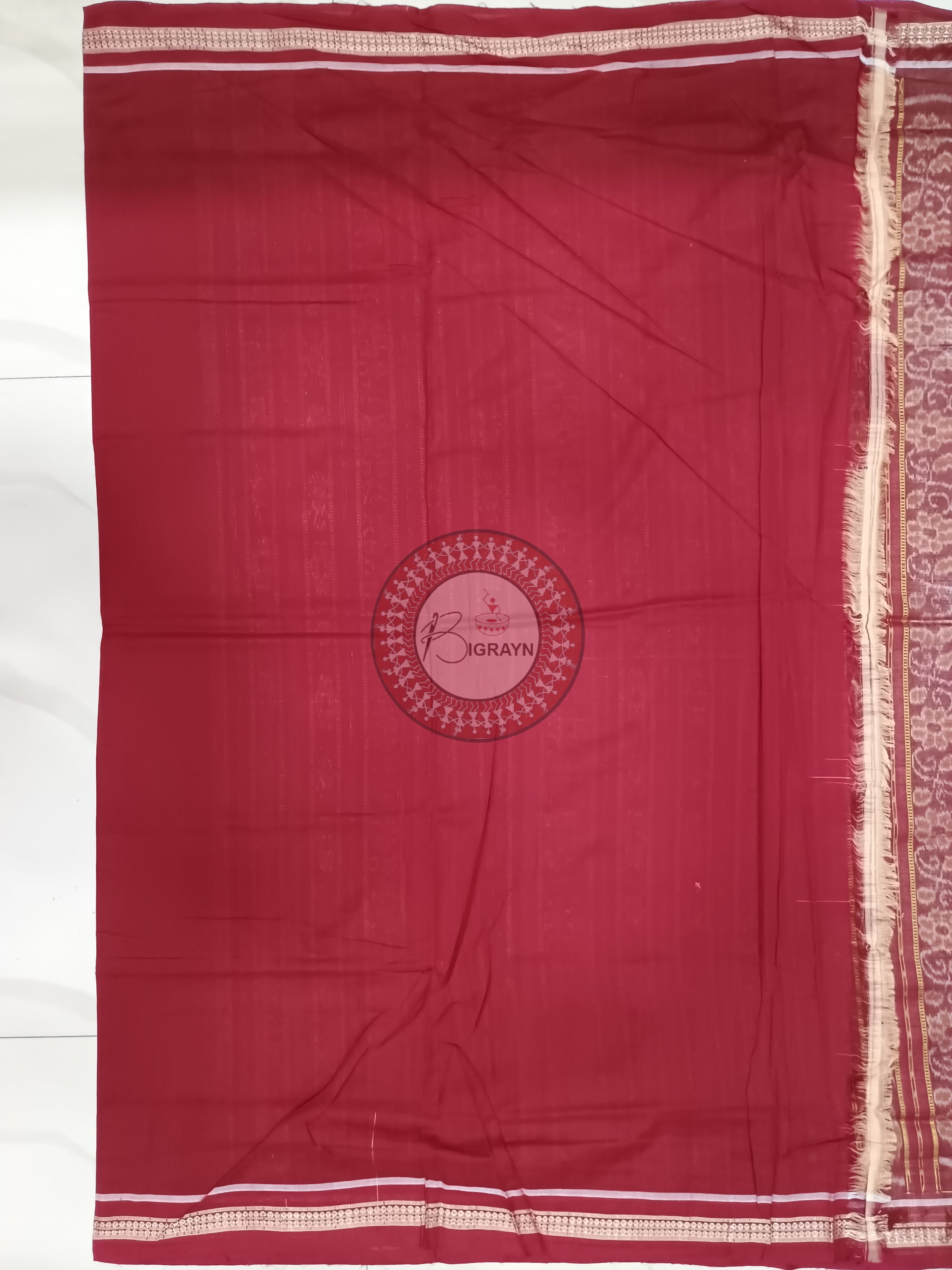 Cream Maroon Handloom Sambalpuri Cotton Saree