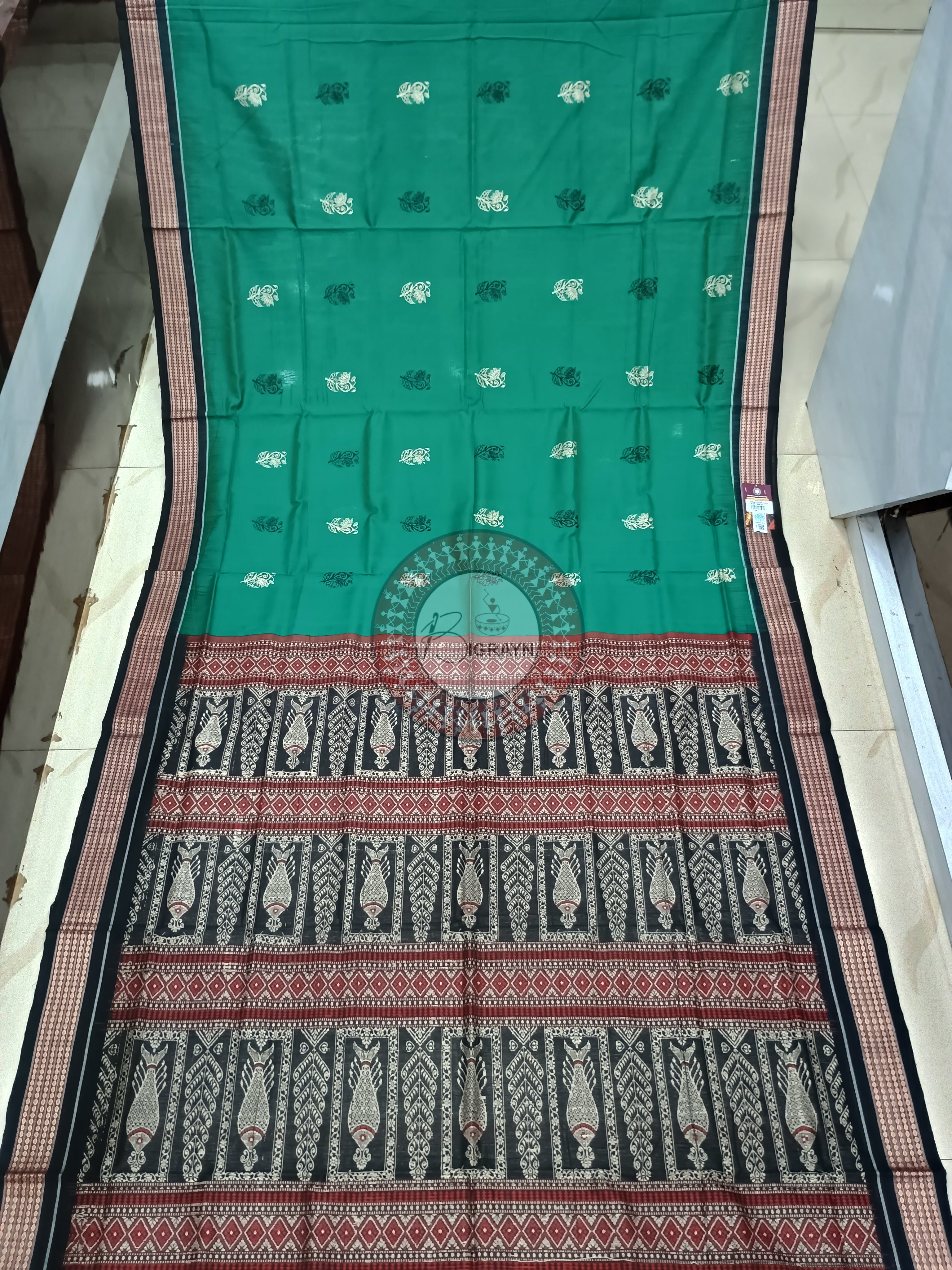 Bottle Green Black Handloom Bomkai Cotton Saree