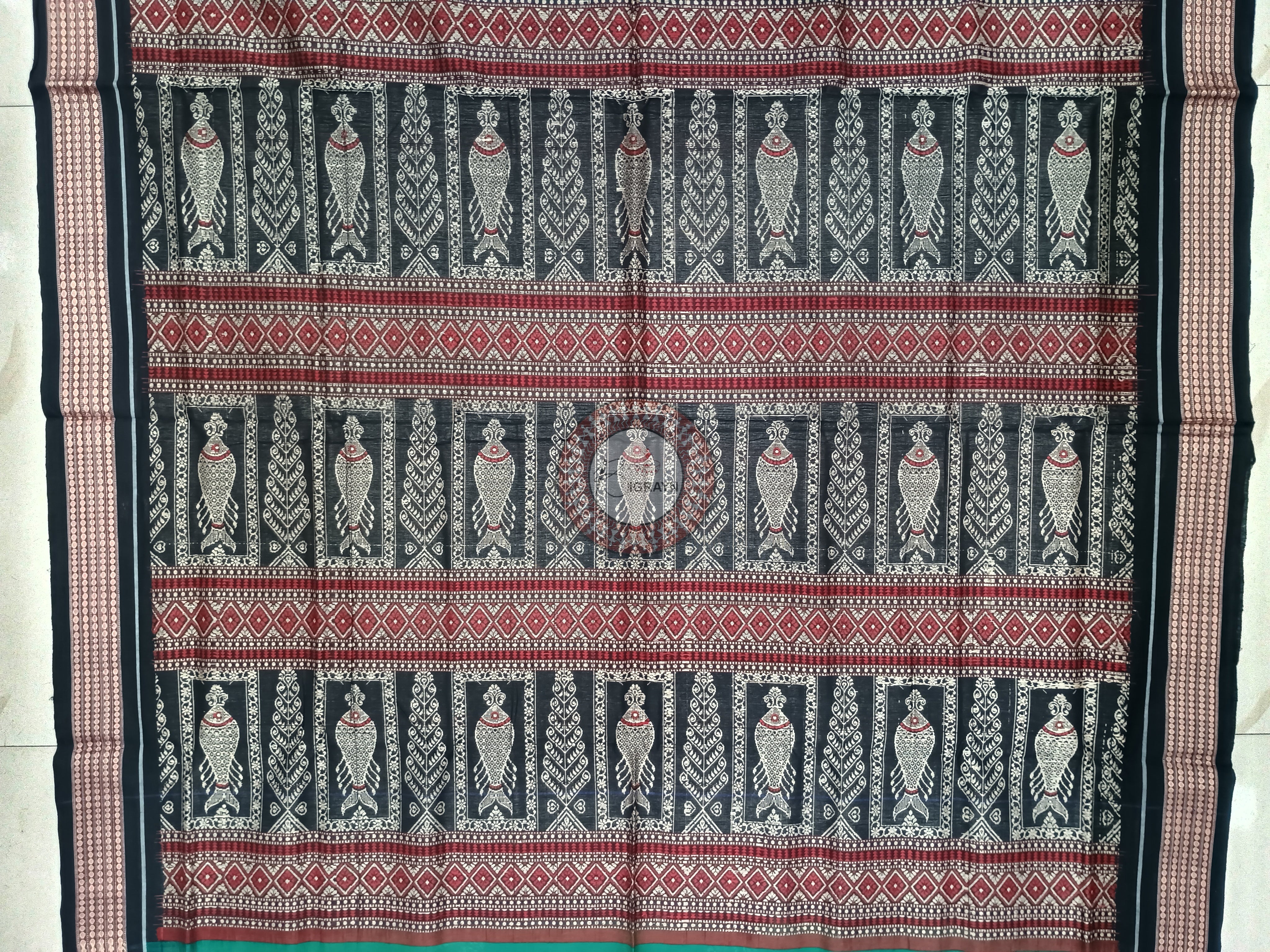 Bottle Green Black Handloom Bomkai Cotton Saree