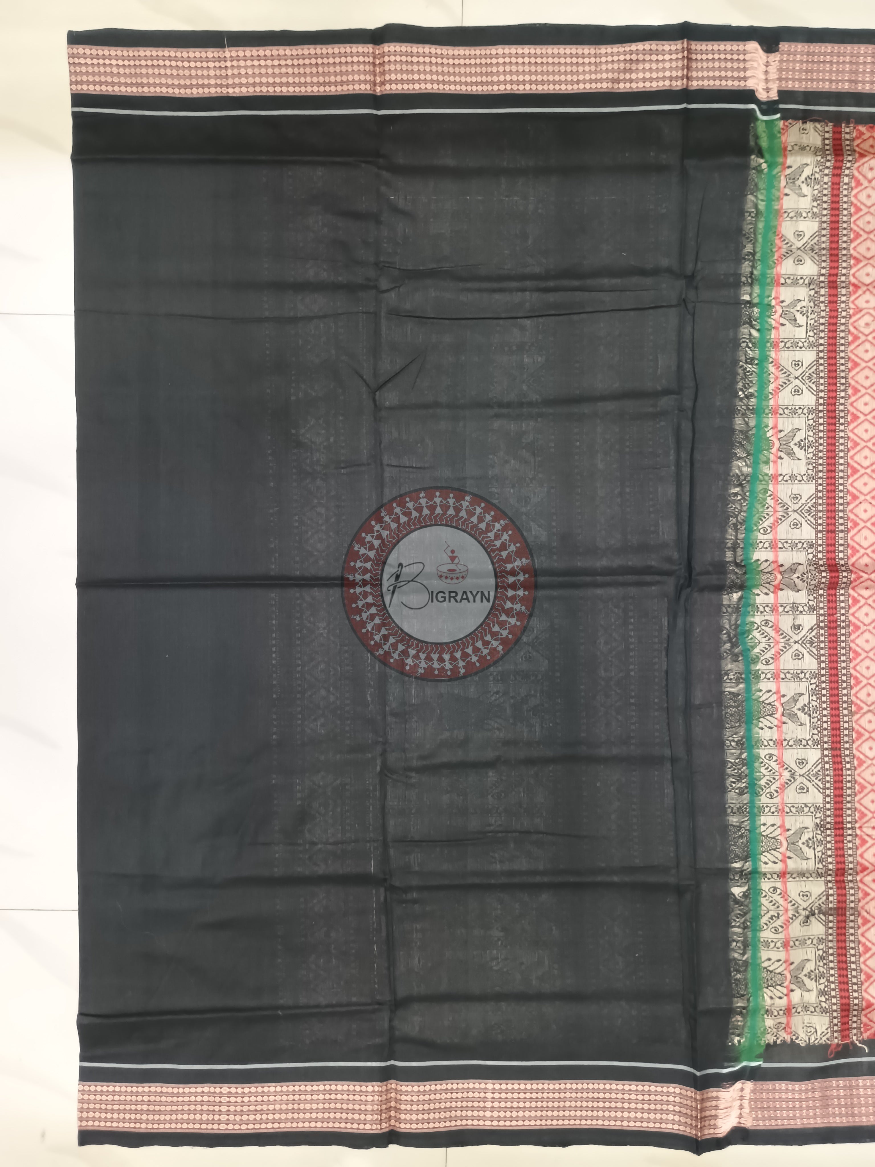 Bottle Green Black Handloom Bomkai Cotton Saree