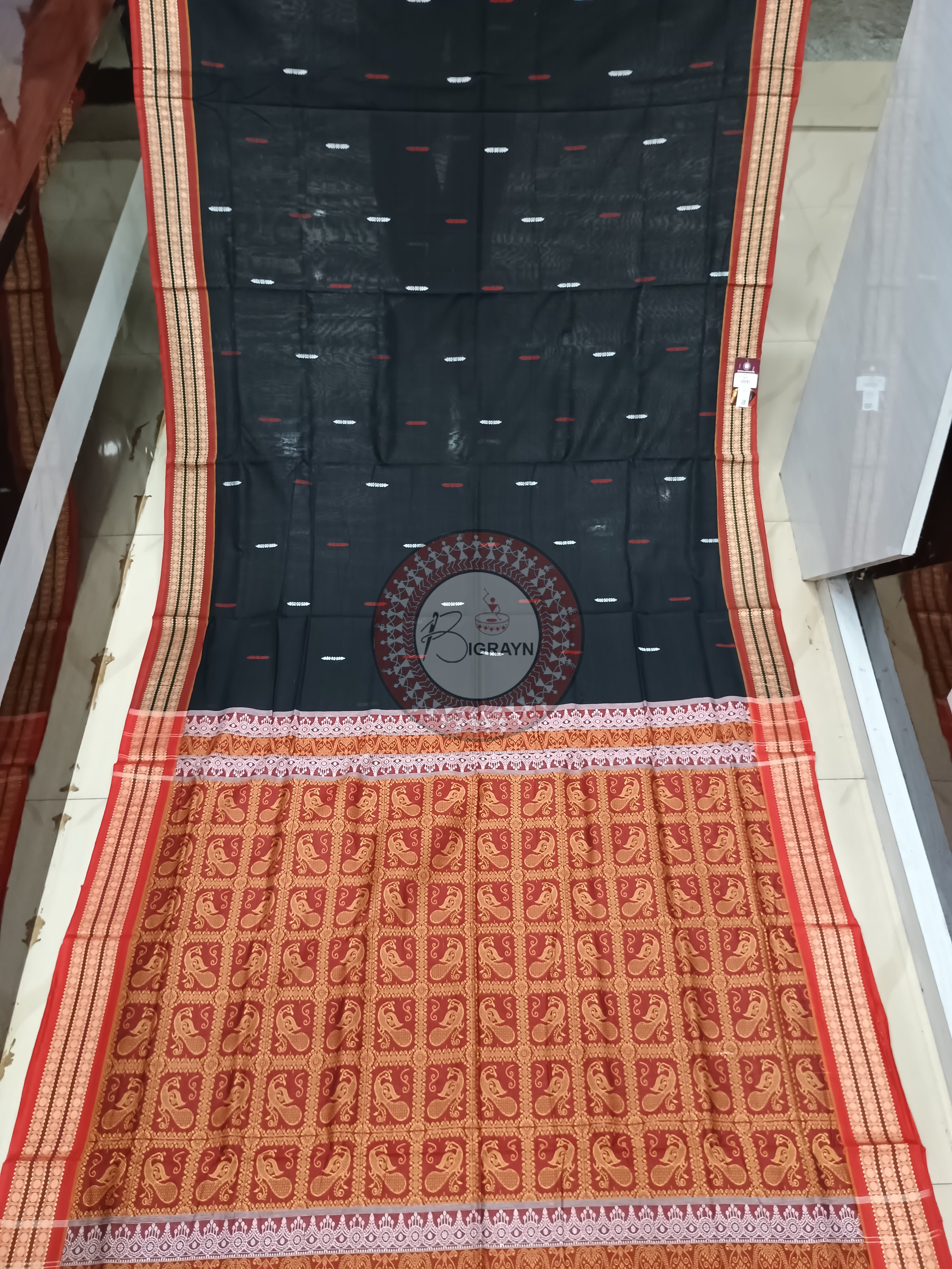 Black Maroon Handloom Bomkai Cotton Saree