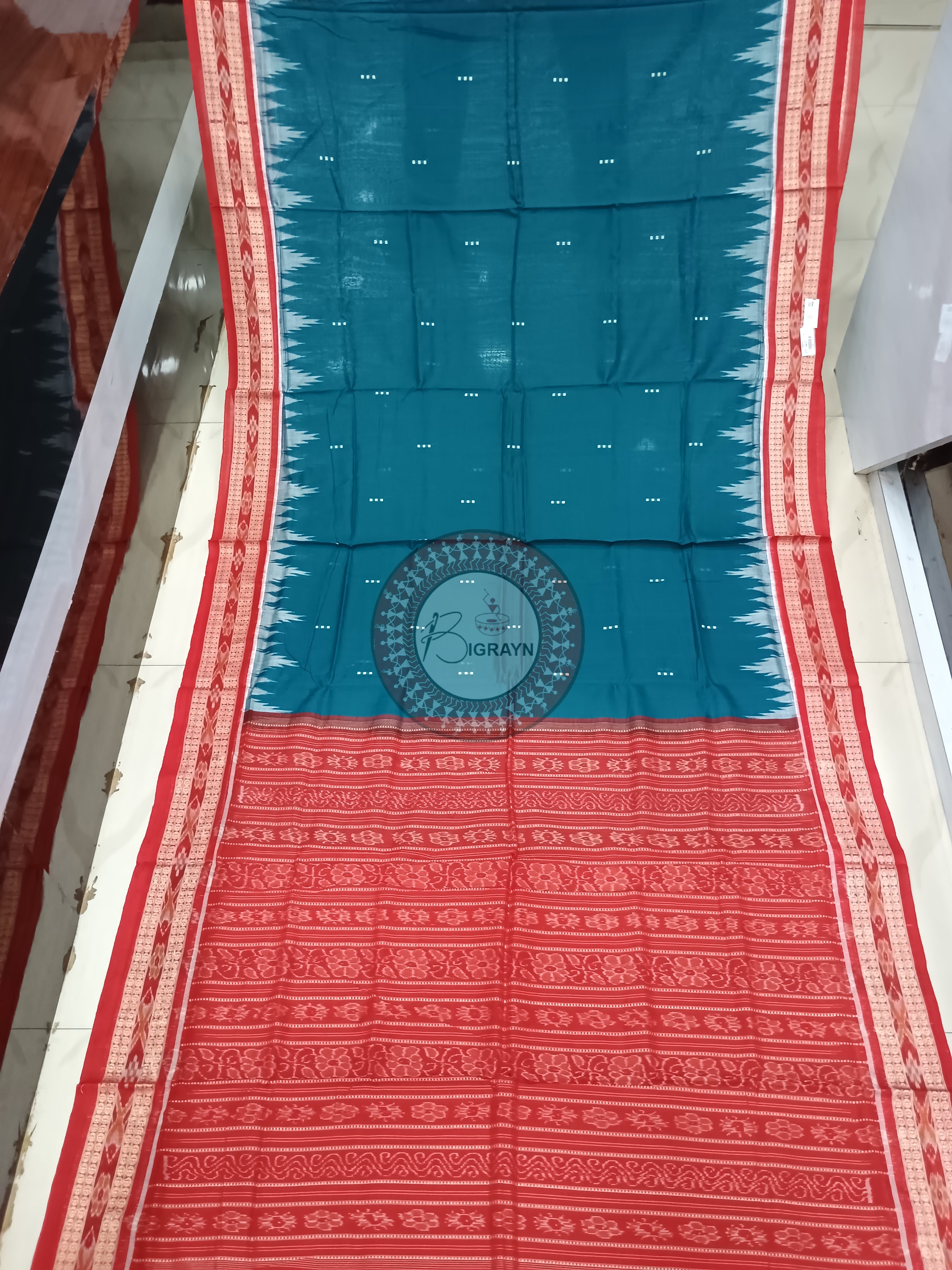 Teal Blue Maroon Buti Handloom Sambalpuri Cotton Saree