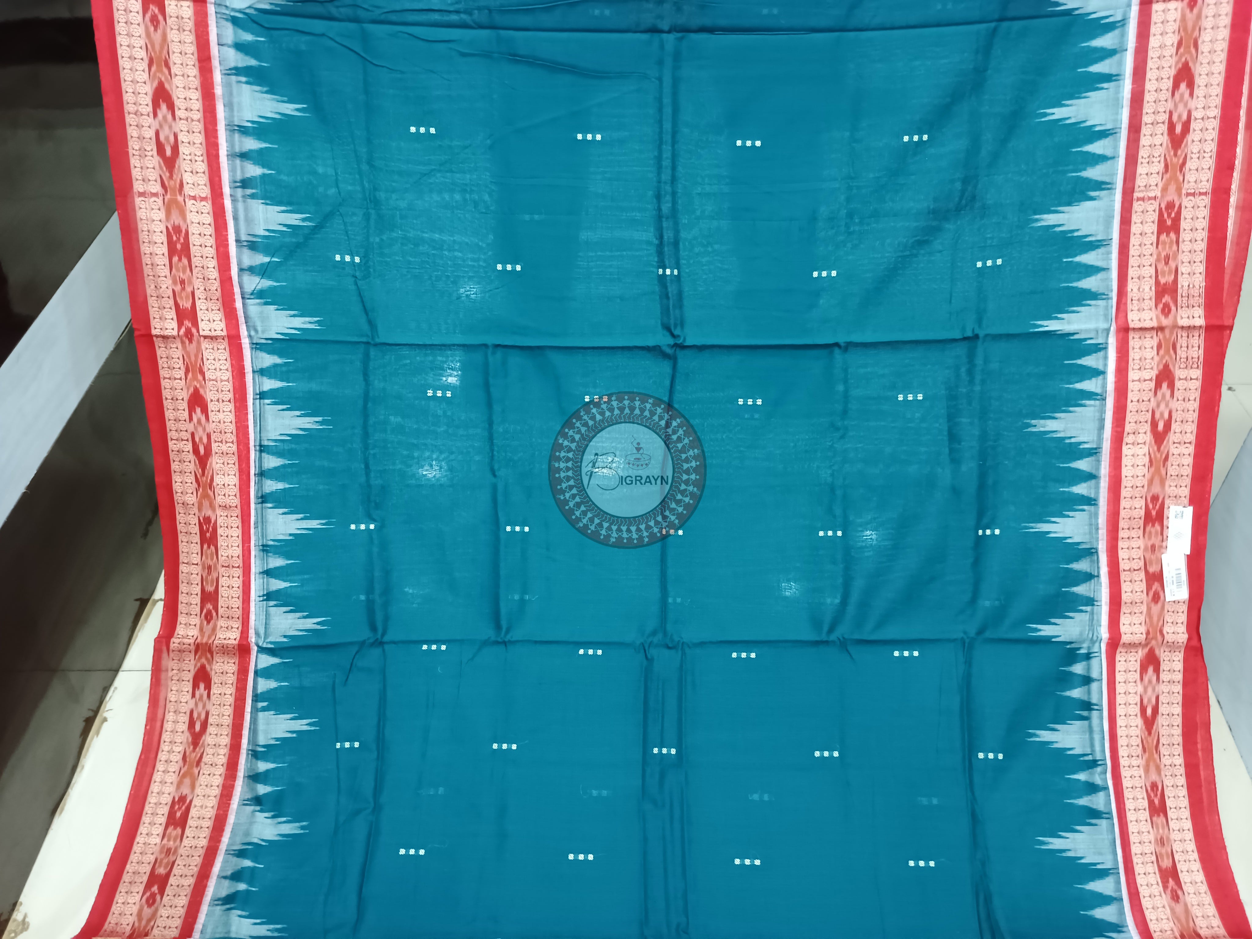 Teal Blue Maroon Buti Handloom Sambalpuri Cotton Saree