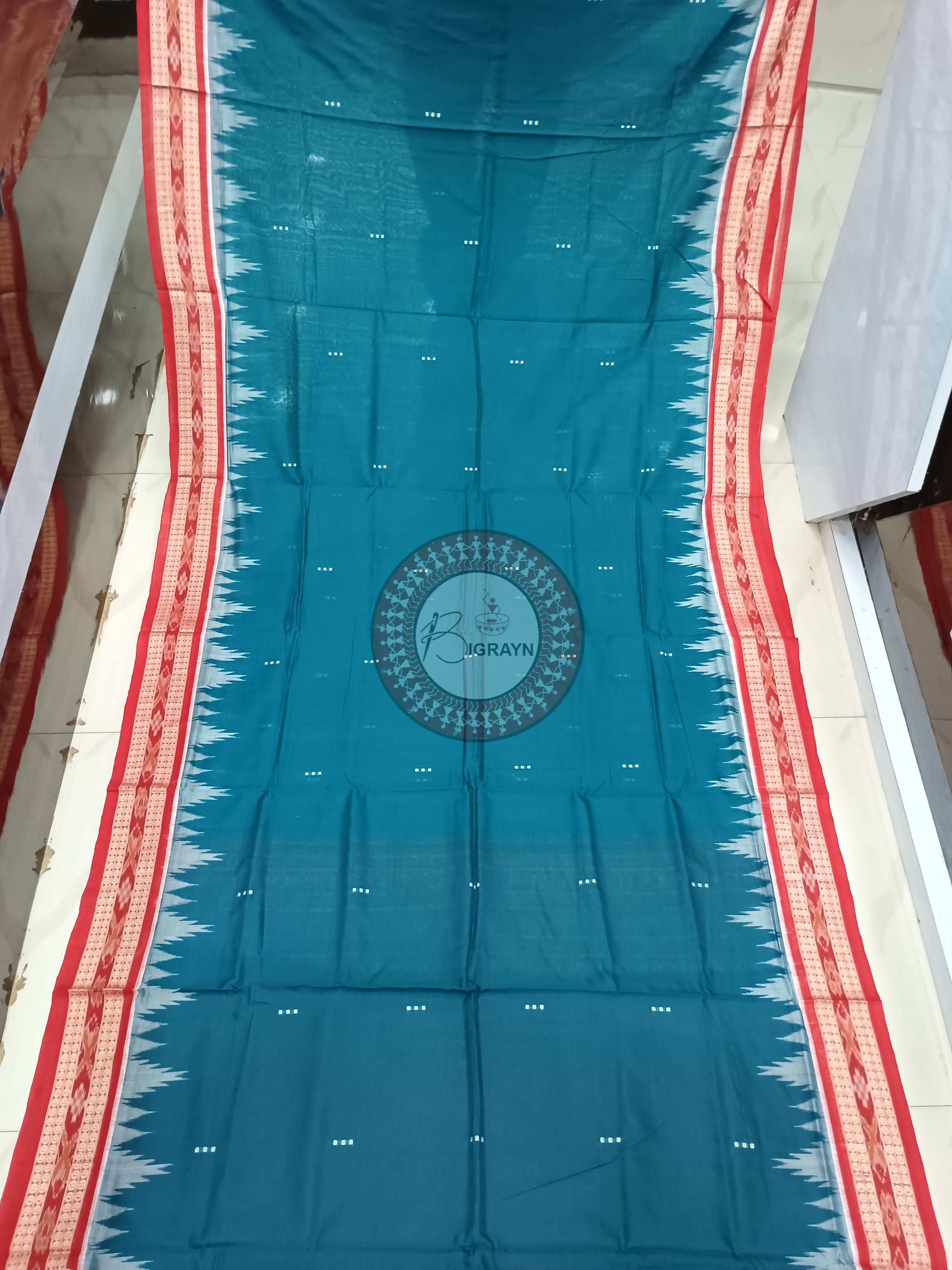 Teal Blue Maroon Buti Handloom Sambalpuri Cotton Saree