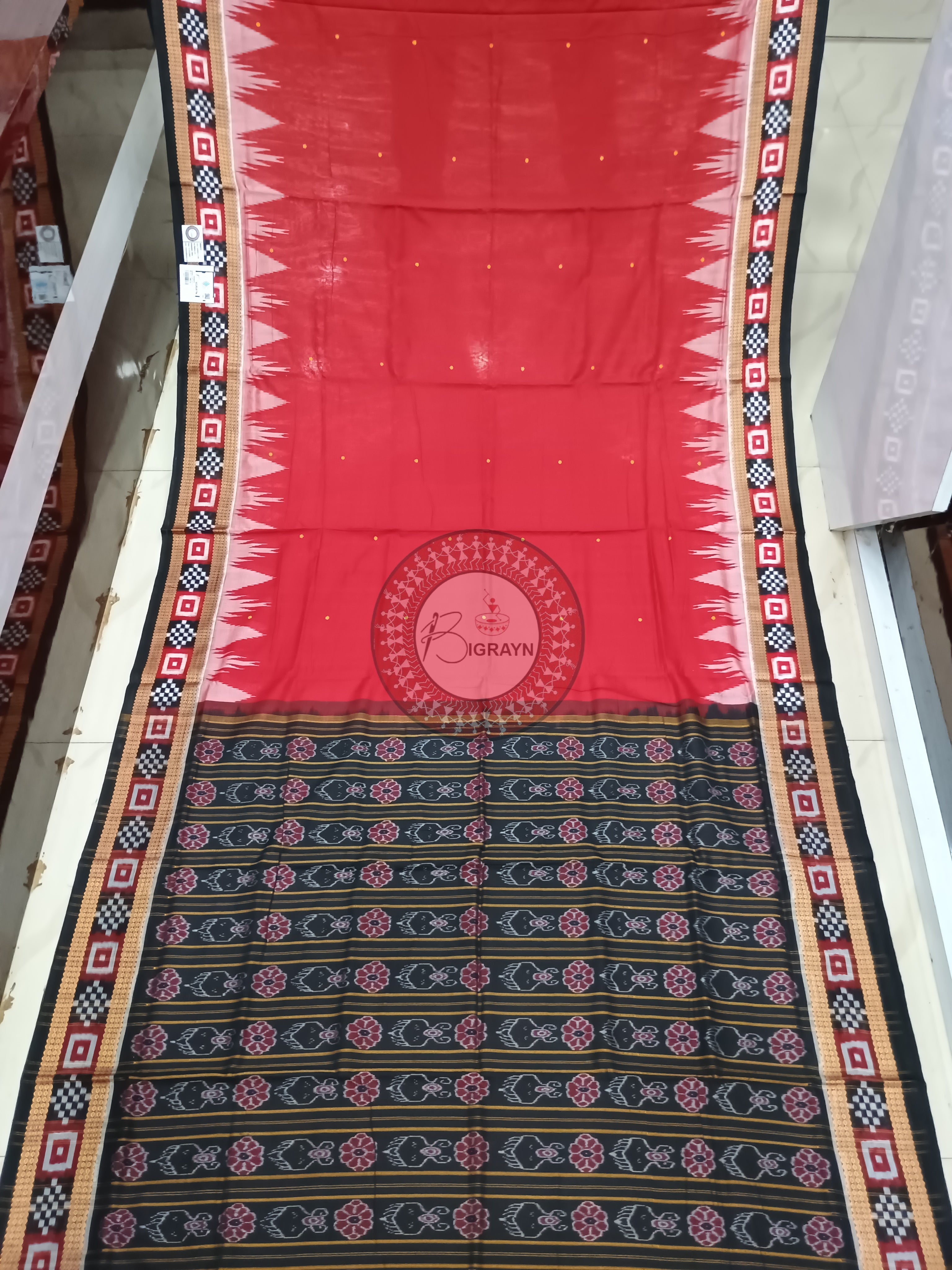 Maroon Black Buti Handloom Sambalpuri Cotton Saree