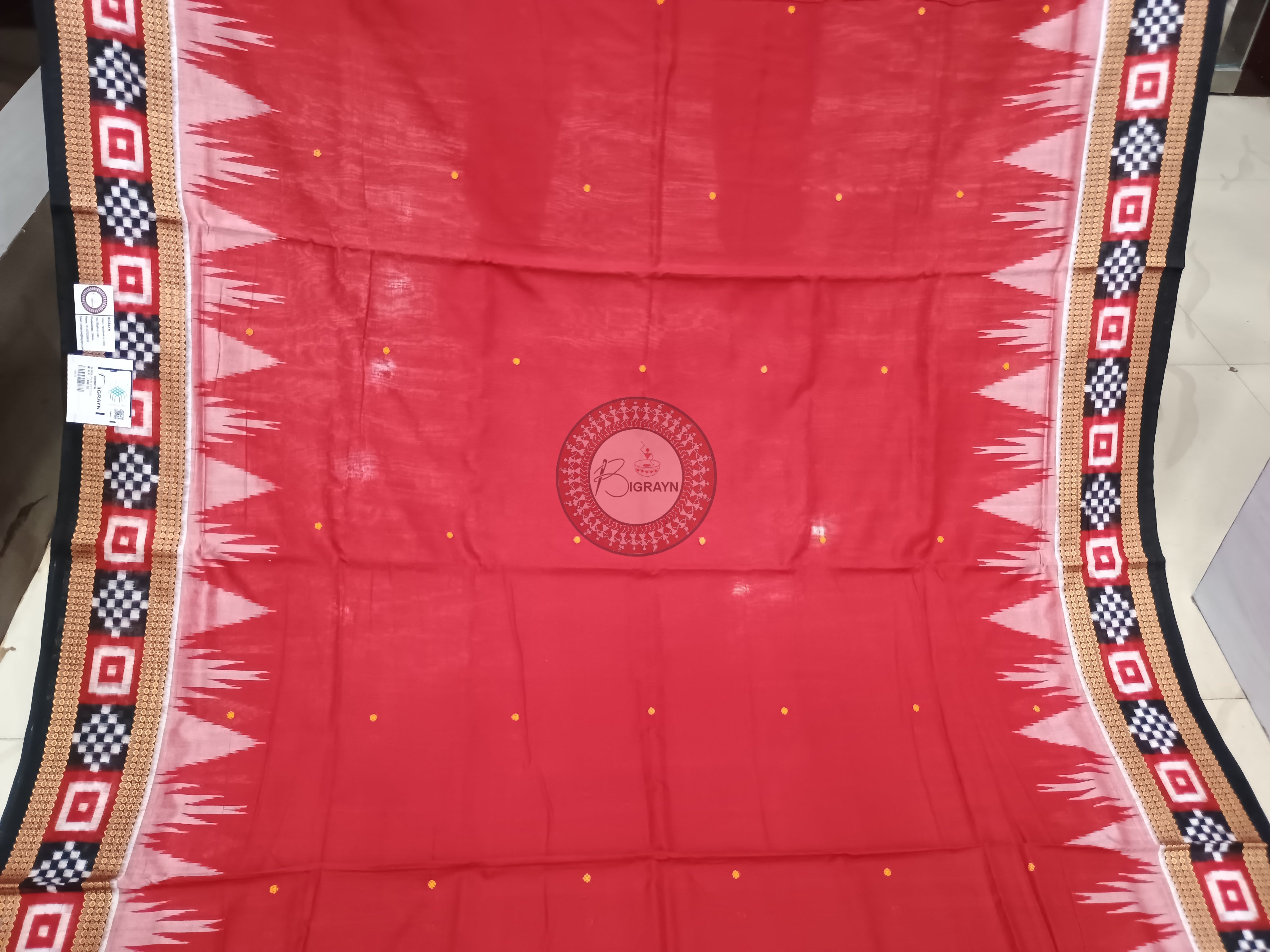 Maroon Black Buti Handloom Sambalpuri Cotton Saree