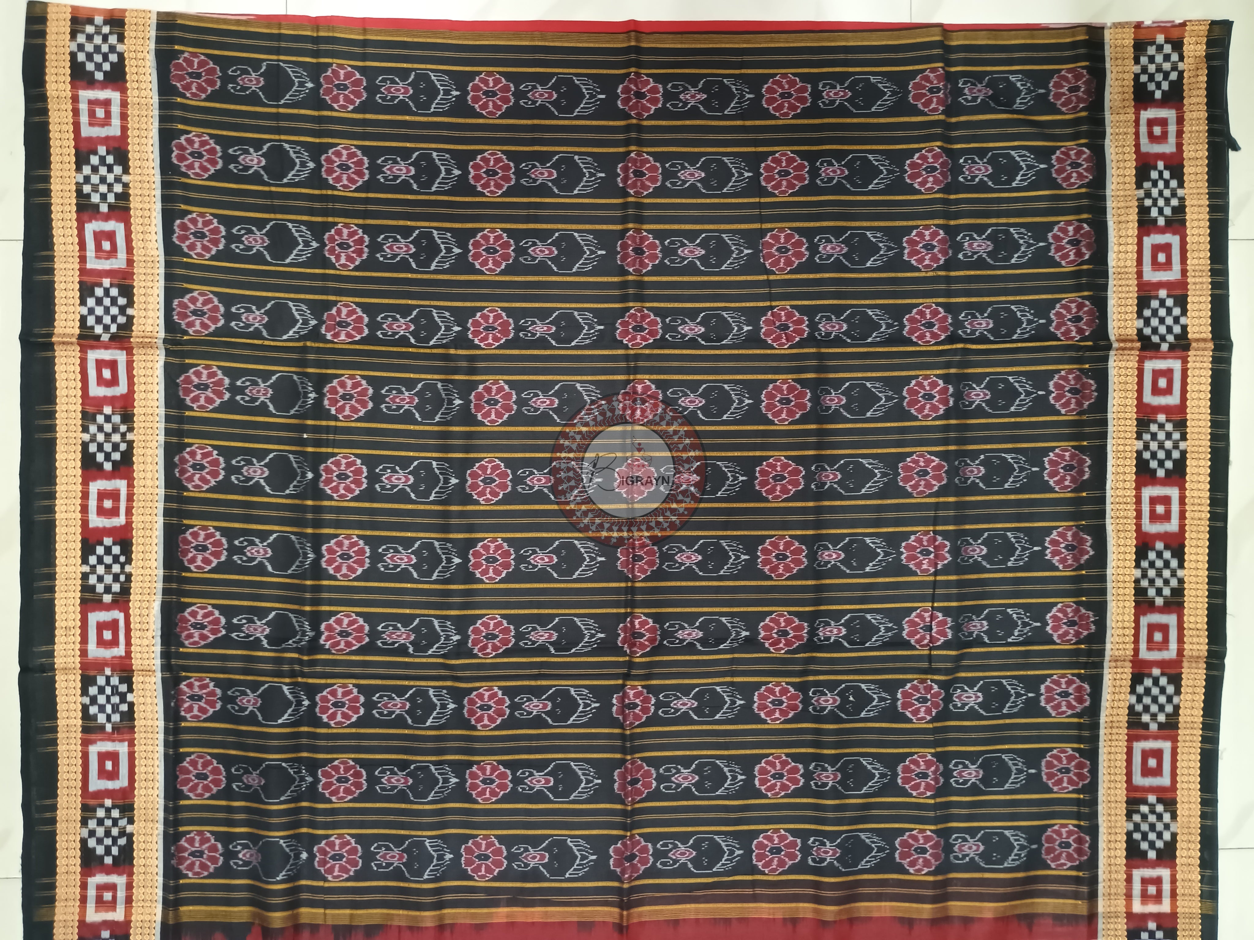 Maroon Black Buti Handloom Sambalpuri Cotton Saree