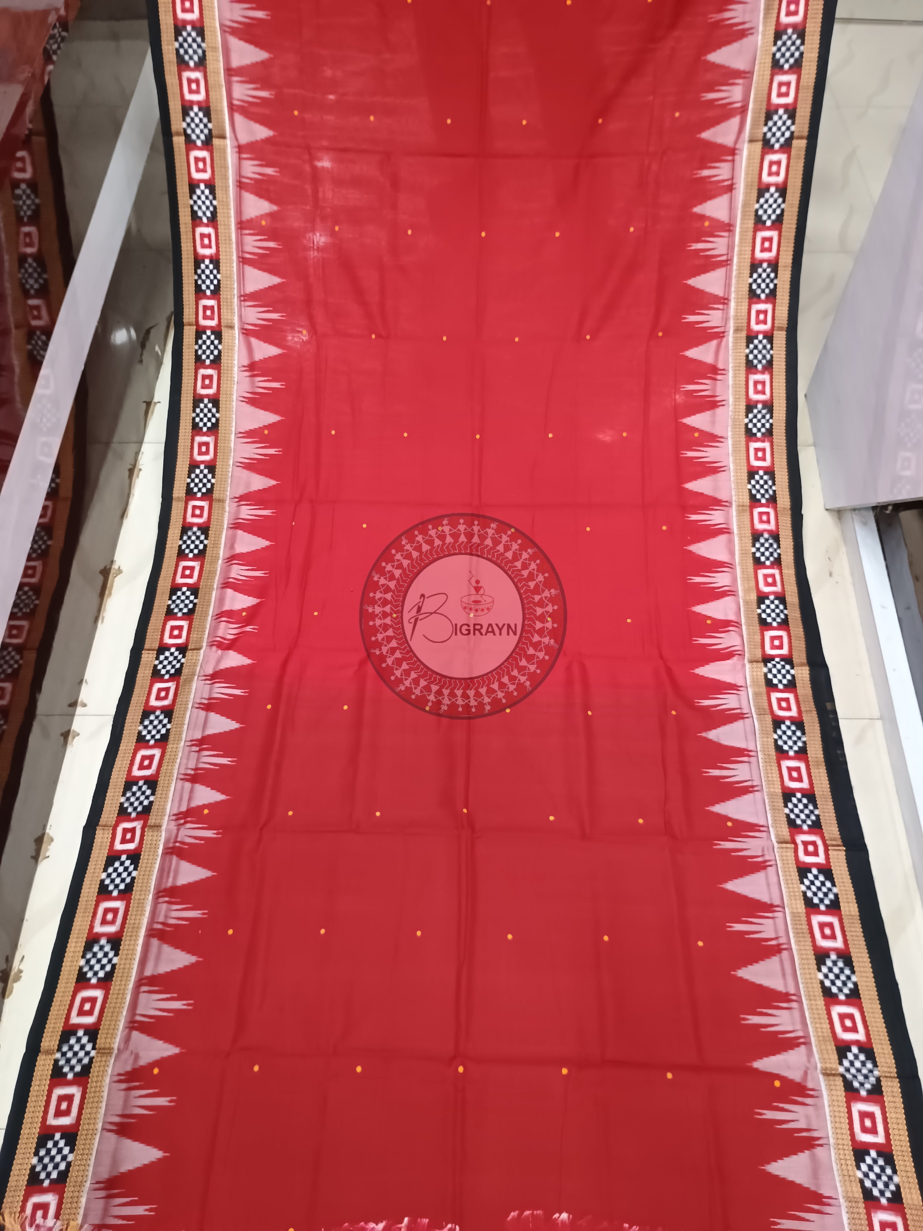 Maroon Black Buti Handloom Sambalpuri Cotton Saree