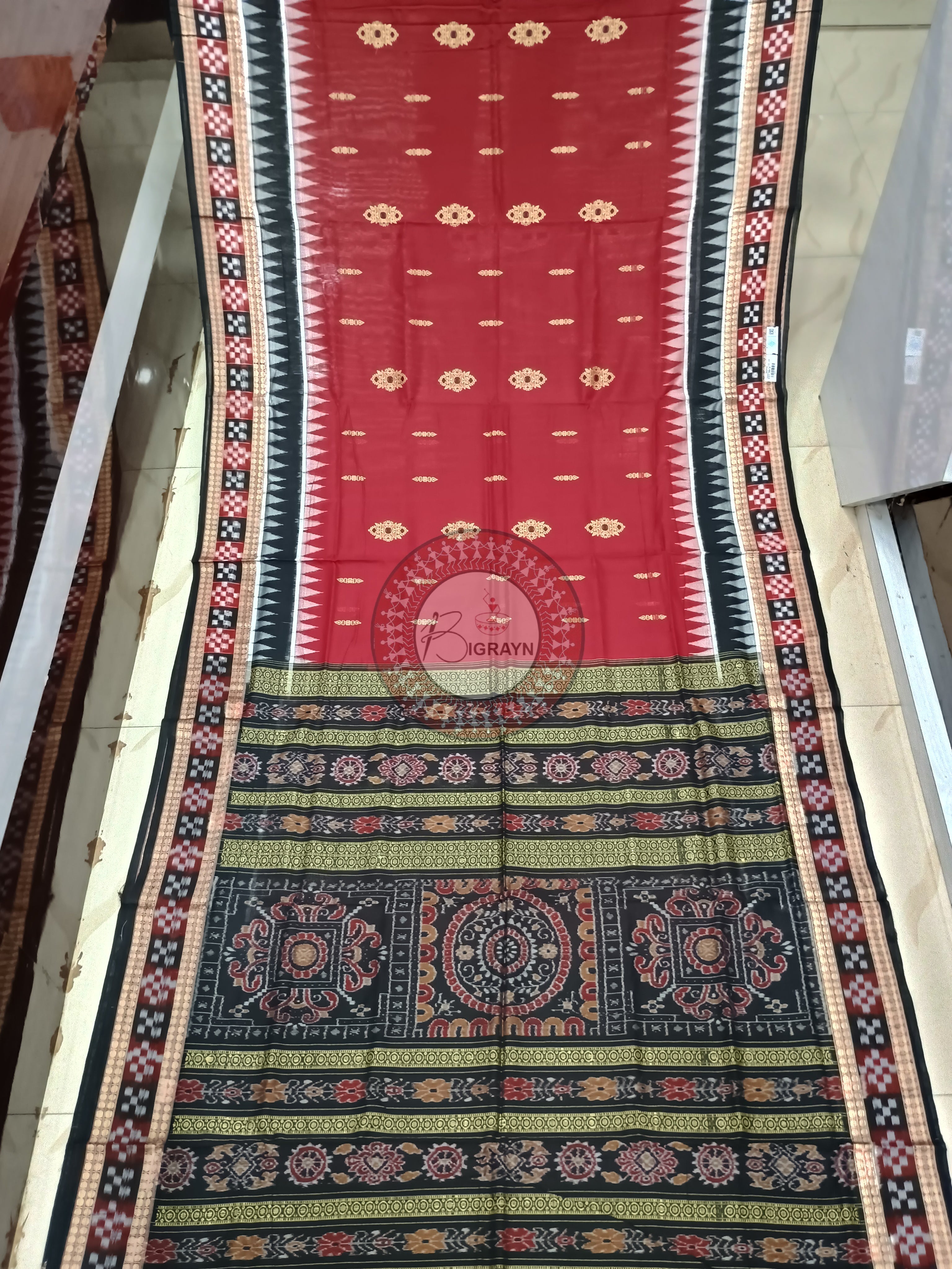 Maroon Multicolor Pasapali Border Handloom Sambalpuri Cotton Saree